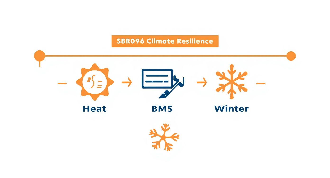 Infographic showing the Sungrow SBR096's climate resilience, with icons for heat, the BMS, and winter conditions.