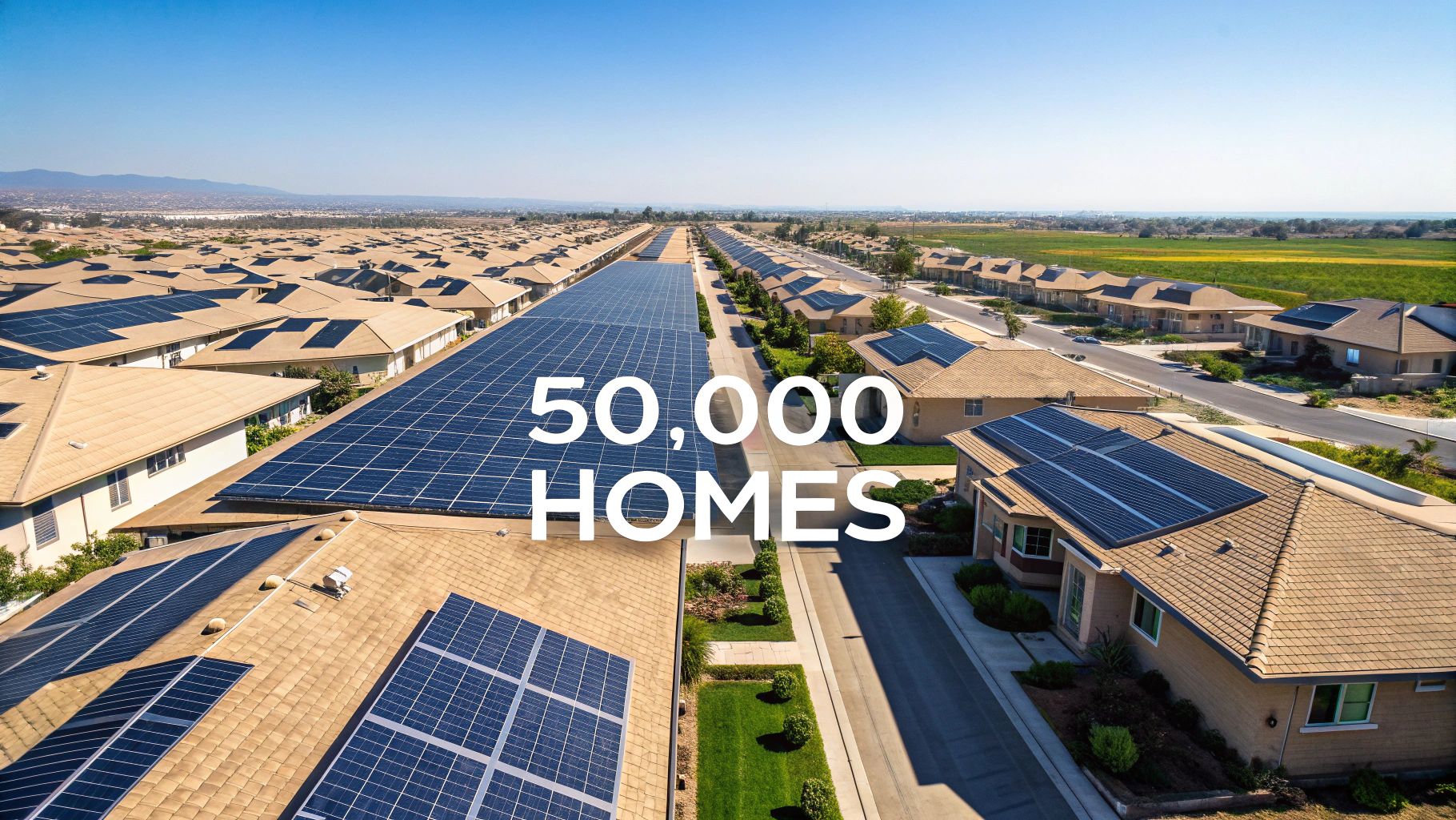 A futuristic view of a South Australian suburb with solar panels on every roof, connected by glowing lines of energy