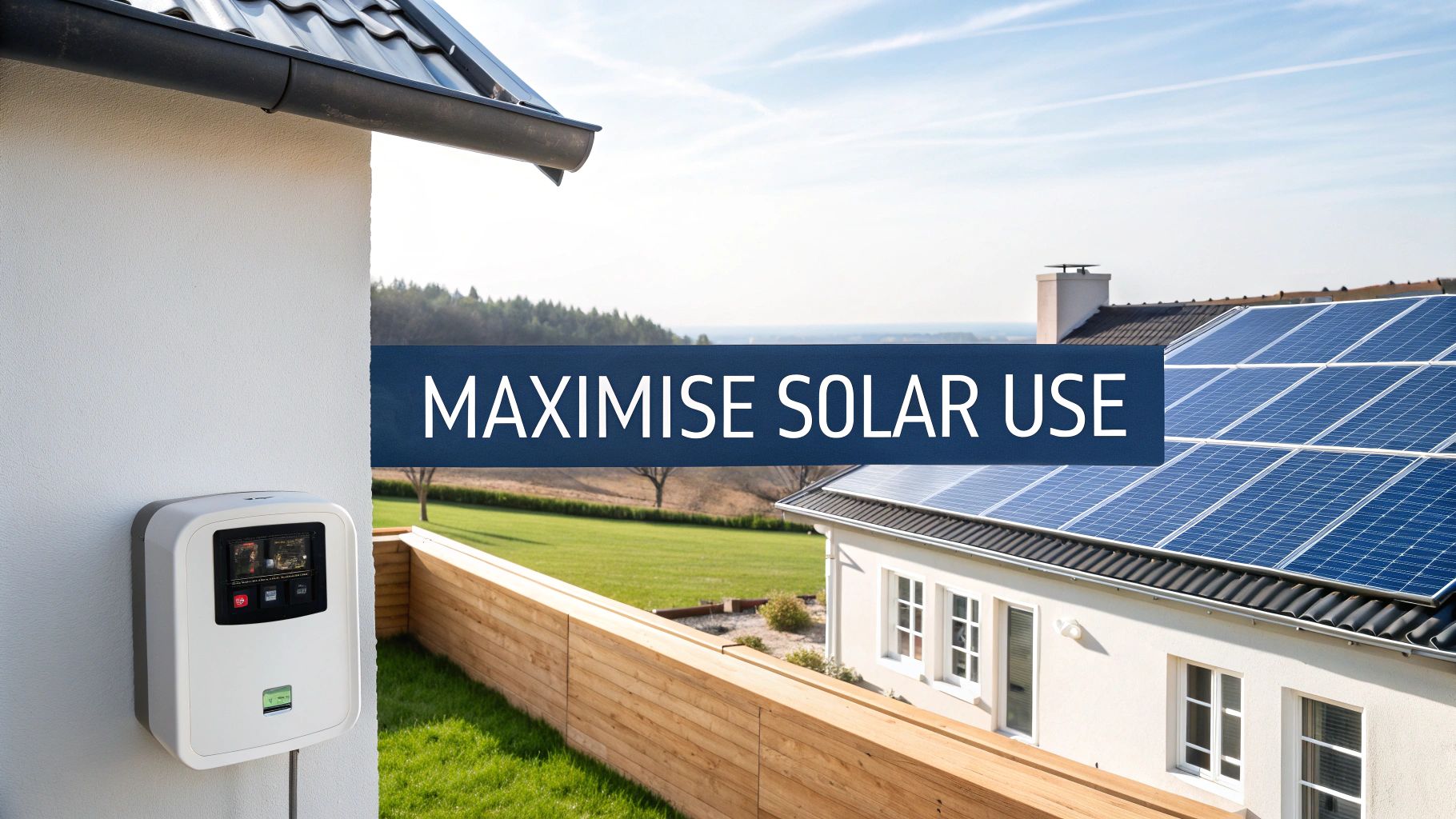 A modern home with solar panels on the roof and a battery unit visible in the garage, symbolising energy independence.