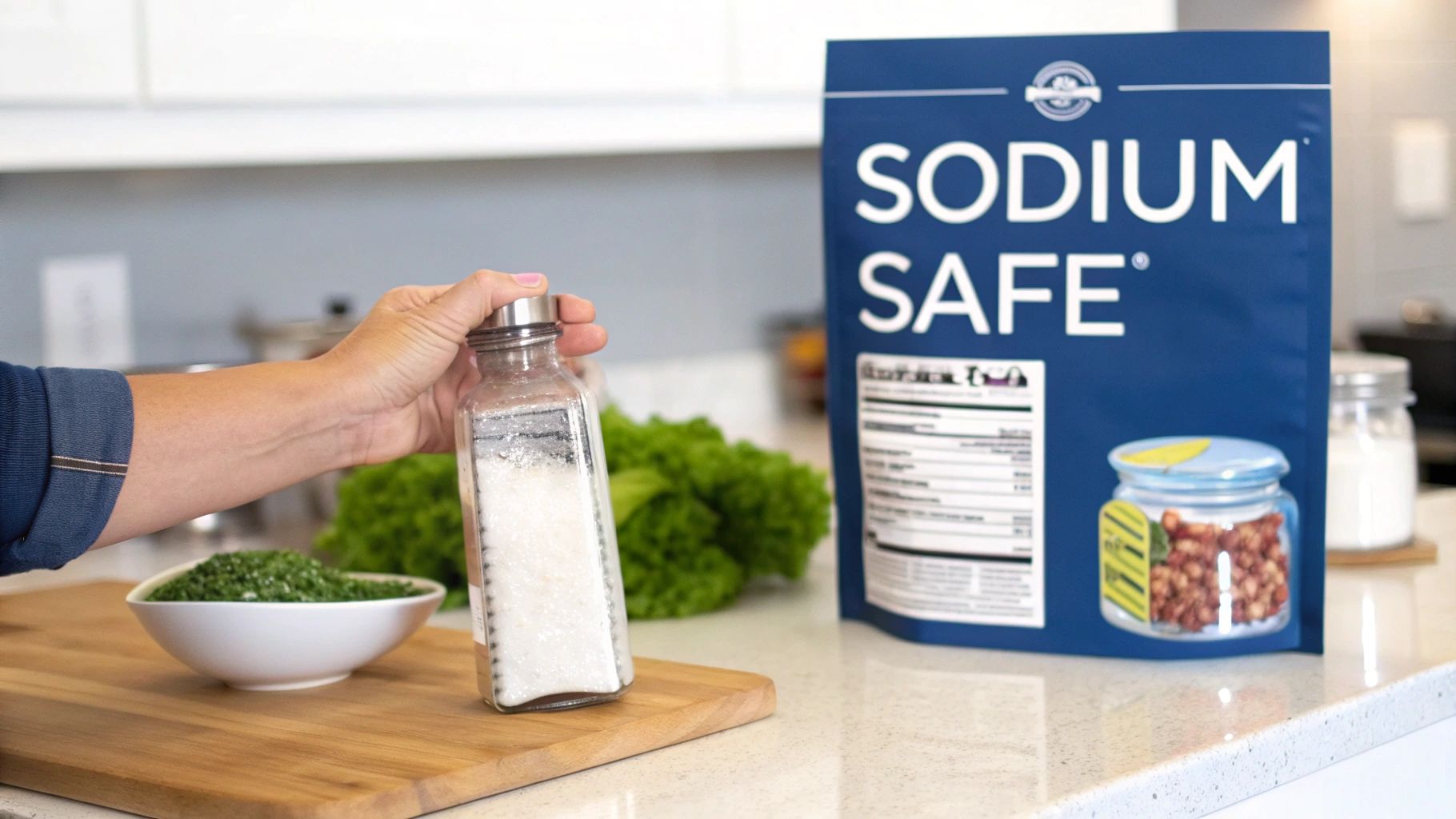 Person reading a nutrition label on a food package in a supermarket aisle.