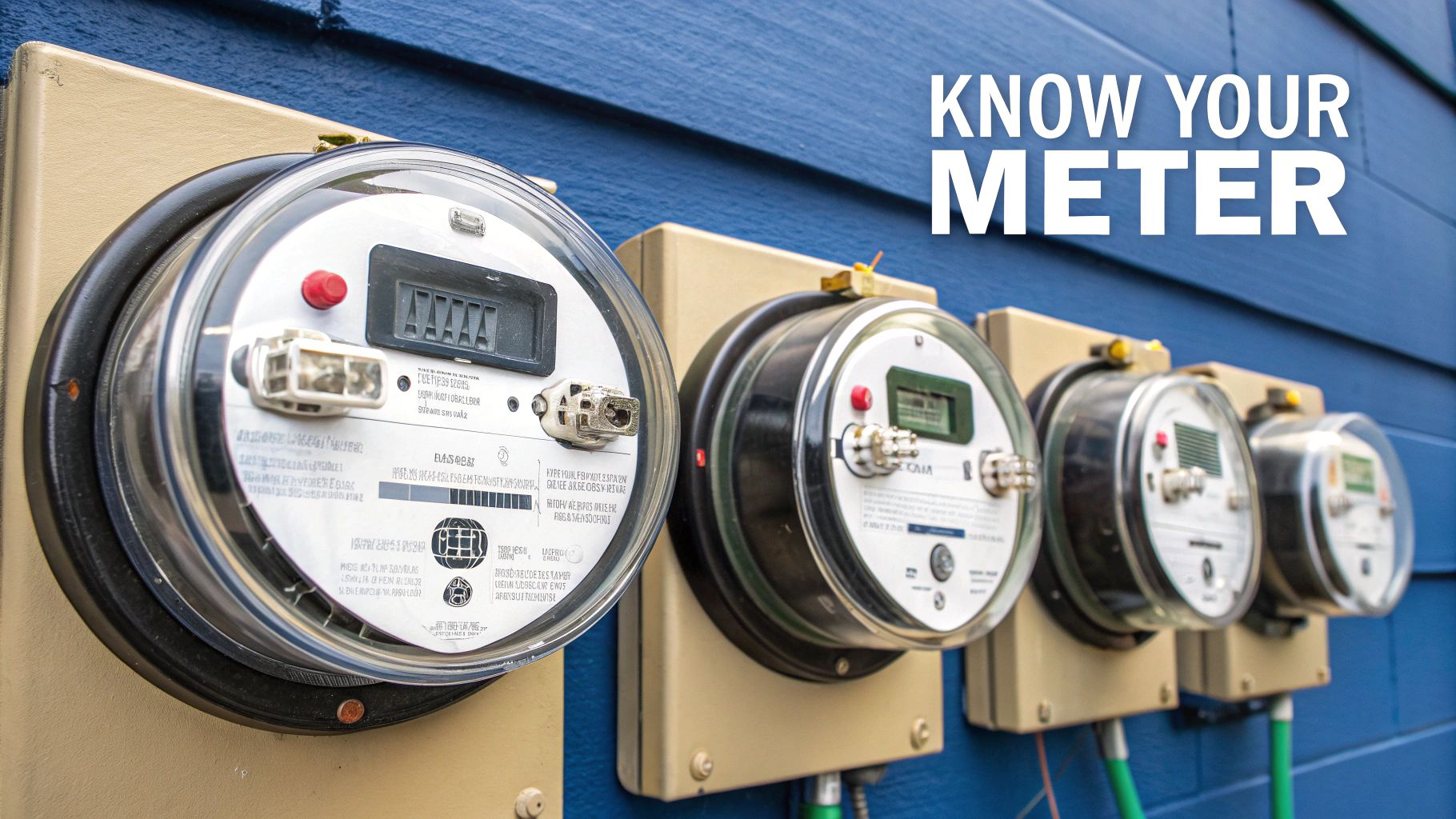 A close-up view of three different types of electricity meters side-by-side: a dial meter, a digital meter, and a smart meter.