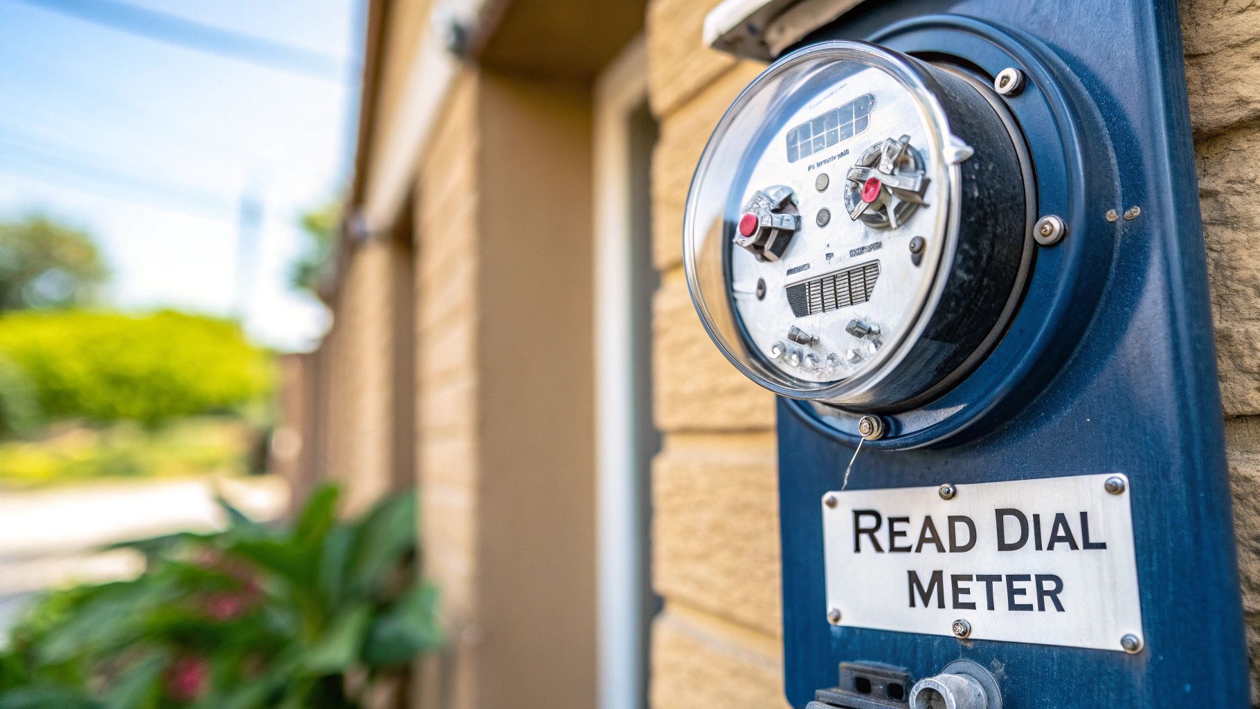 An older-style dial electric meter with multiple clock faces