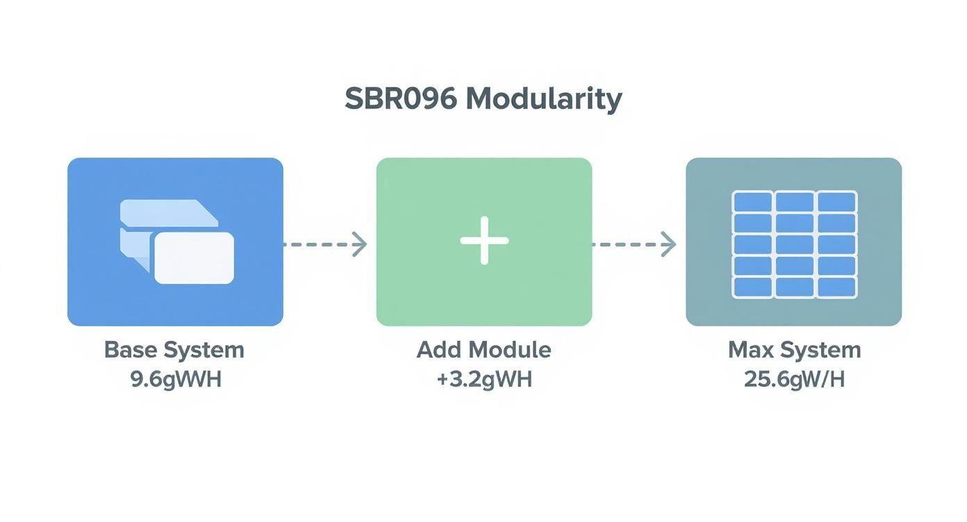 Infographic showing the modular expansion of the Sungrow SBR096 battery, starting from a 9.6kWh base system and scaling up to a 25.6kWh maximum system.