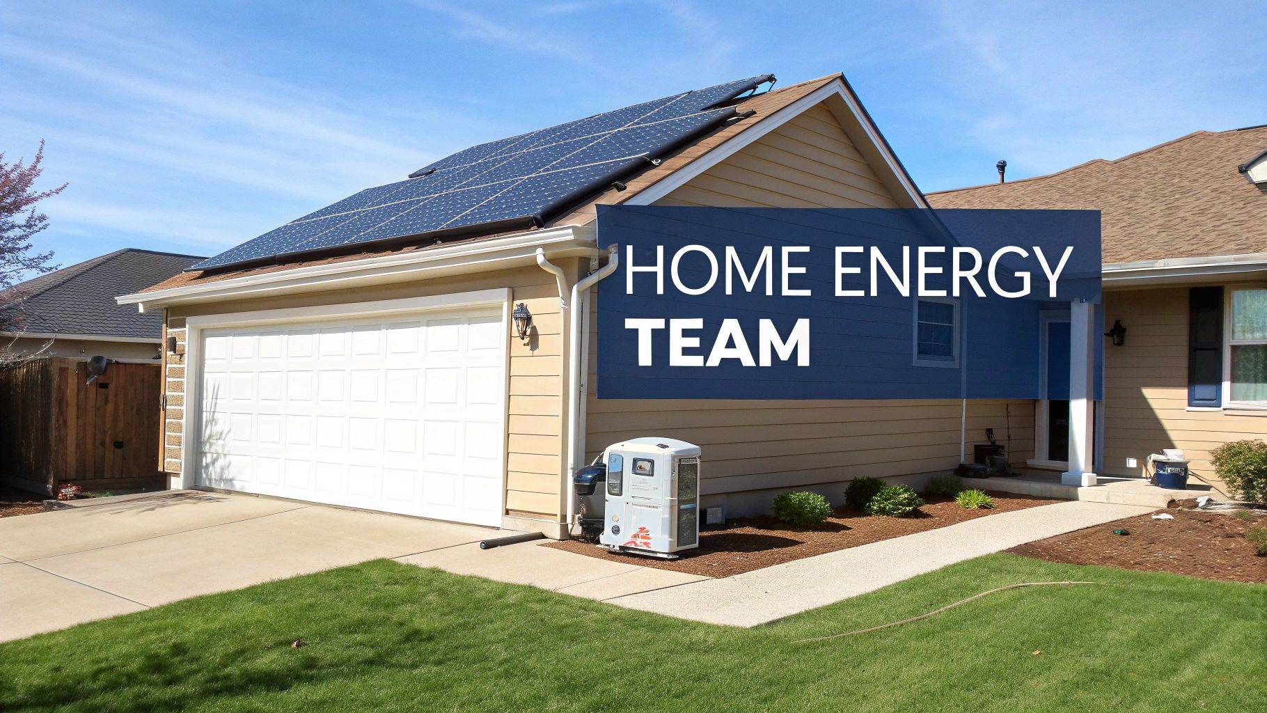A modern home with solar panels on the roof under a clear blue sky, illustrating residential renewable energy.