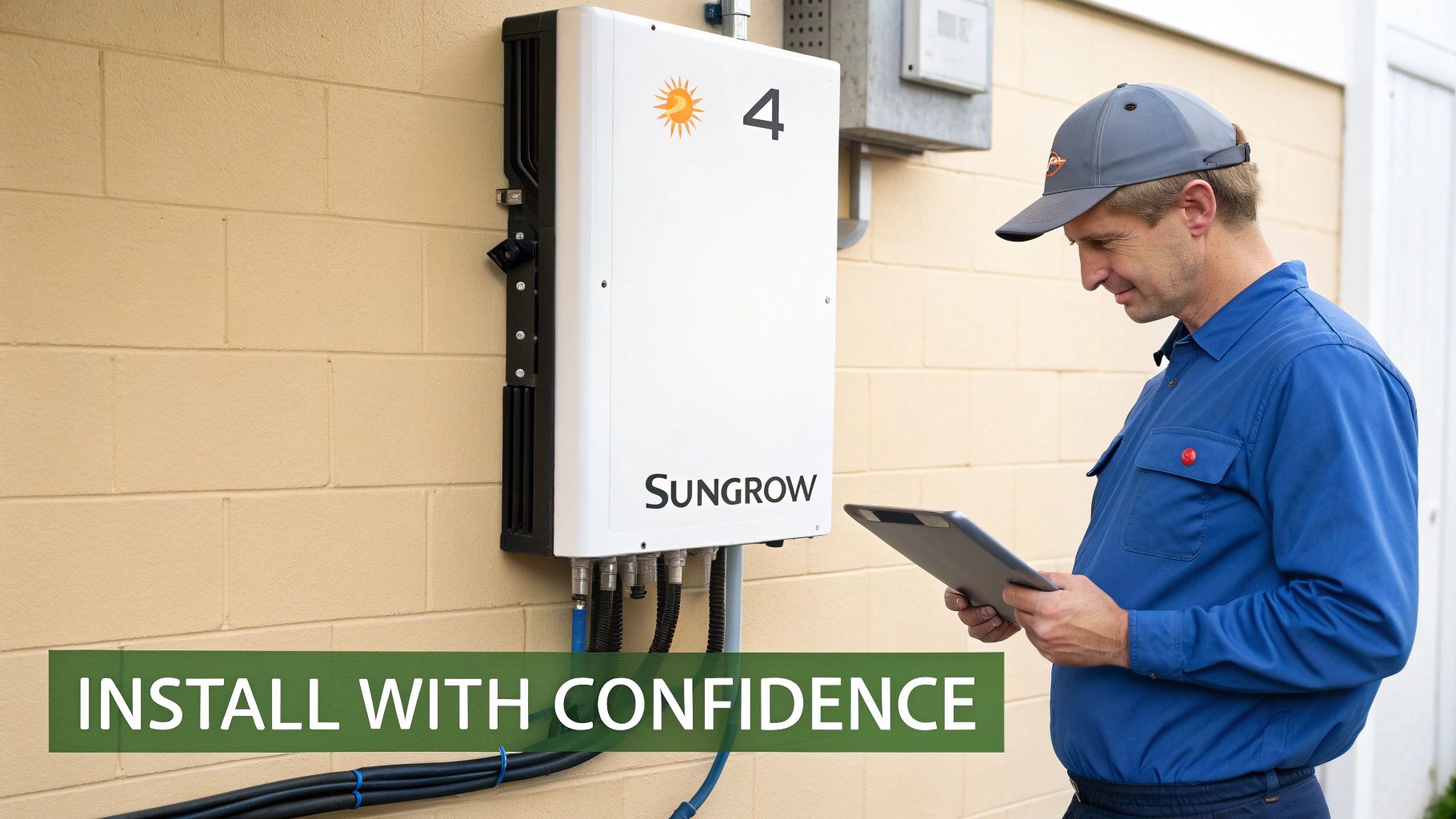 A solar installer works on configuring a Sungrow inverter on a wall.