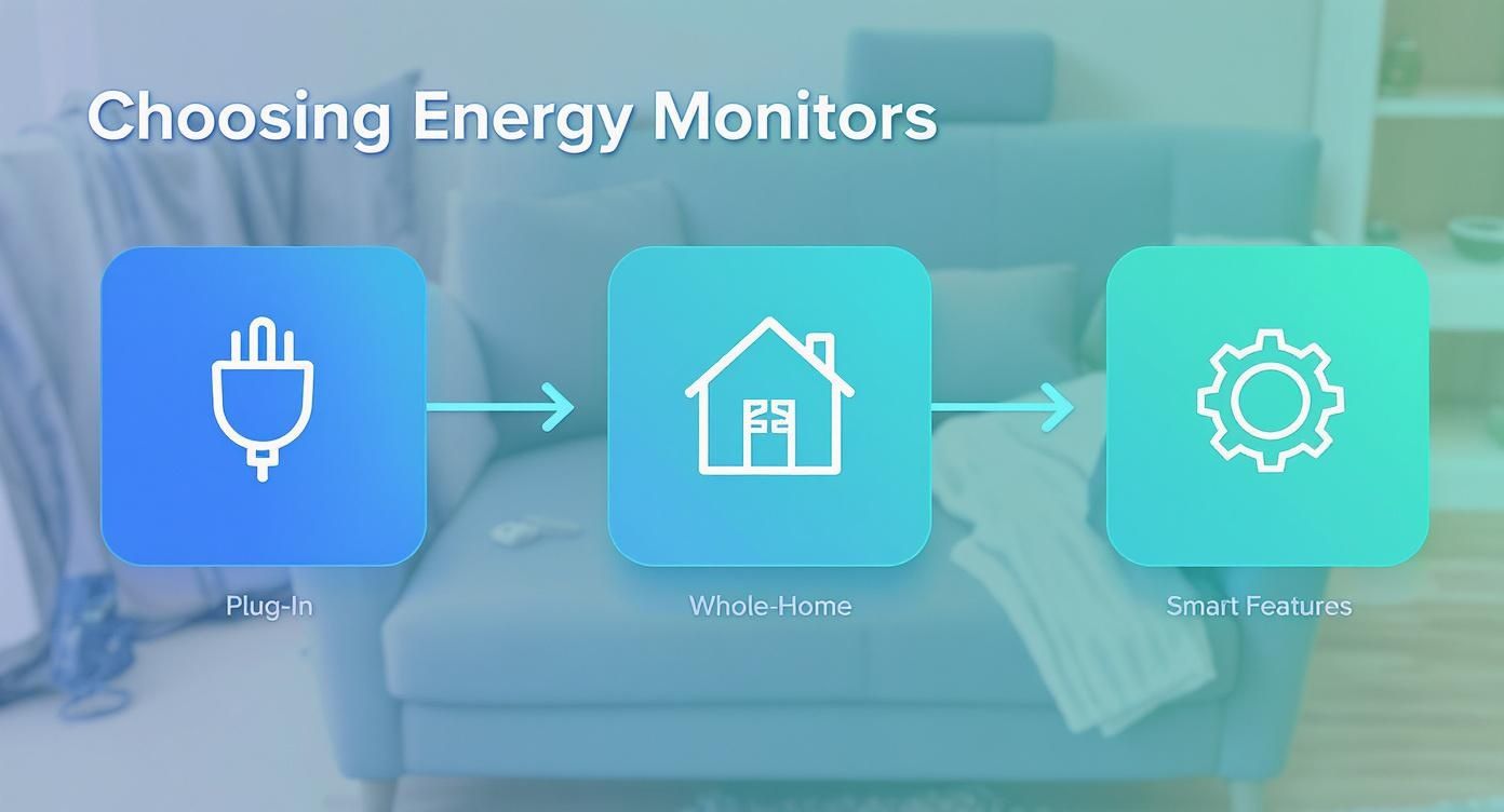 Diagram illustrates choosing energy monitors: plug-in, whole-home, and smart features with icons.