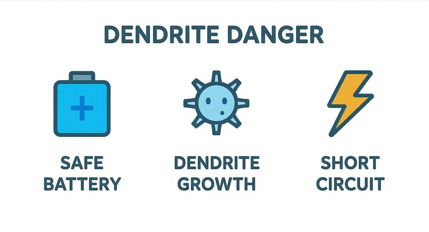 Infographic showing the danger of dendrite growth in batteries, leading from a safe battery to dendrite formation and then a short circuit.