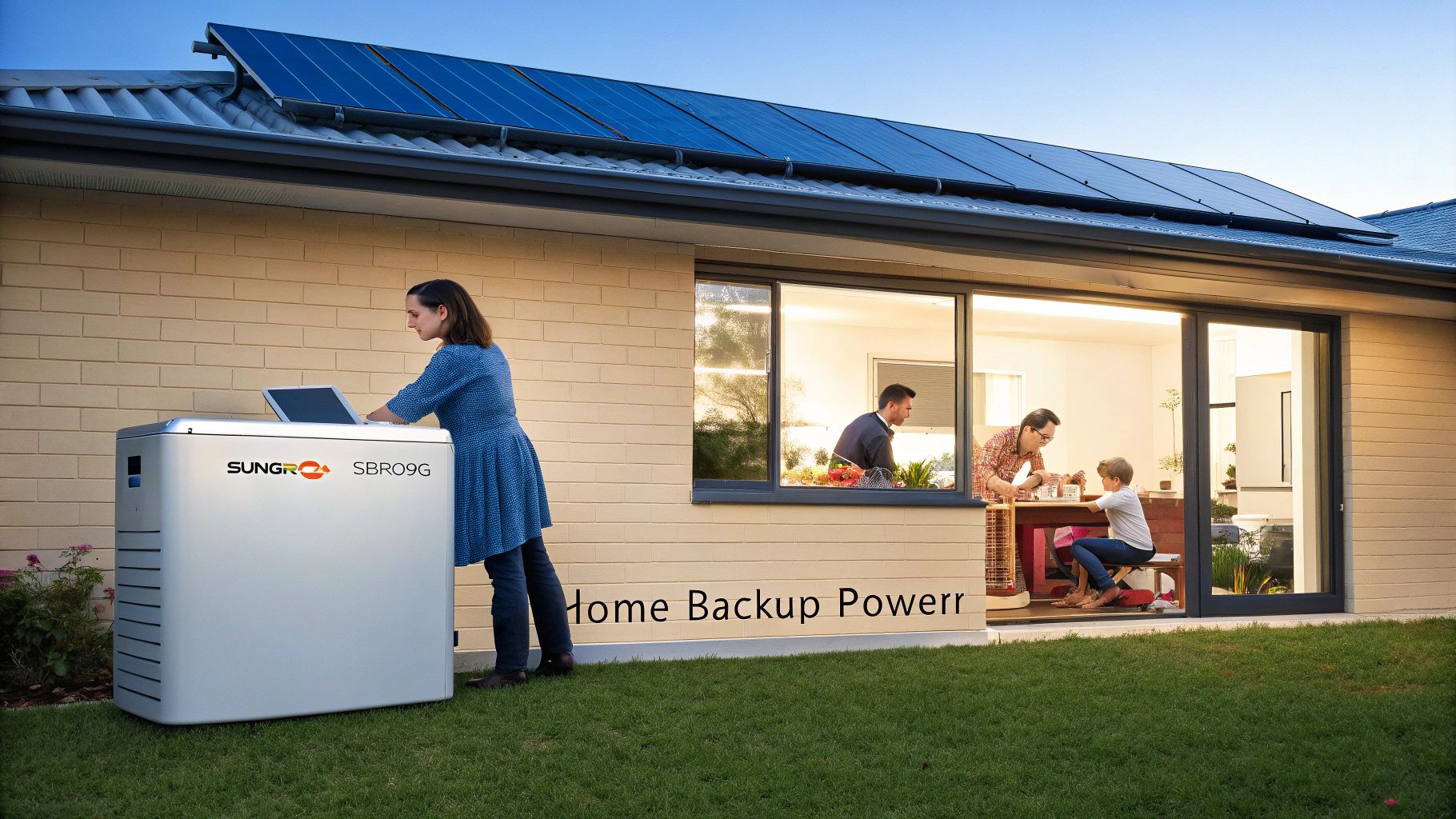 A modern Australian home at dusk with lights on, powered by a Sungrow battery.