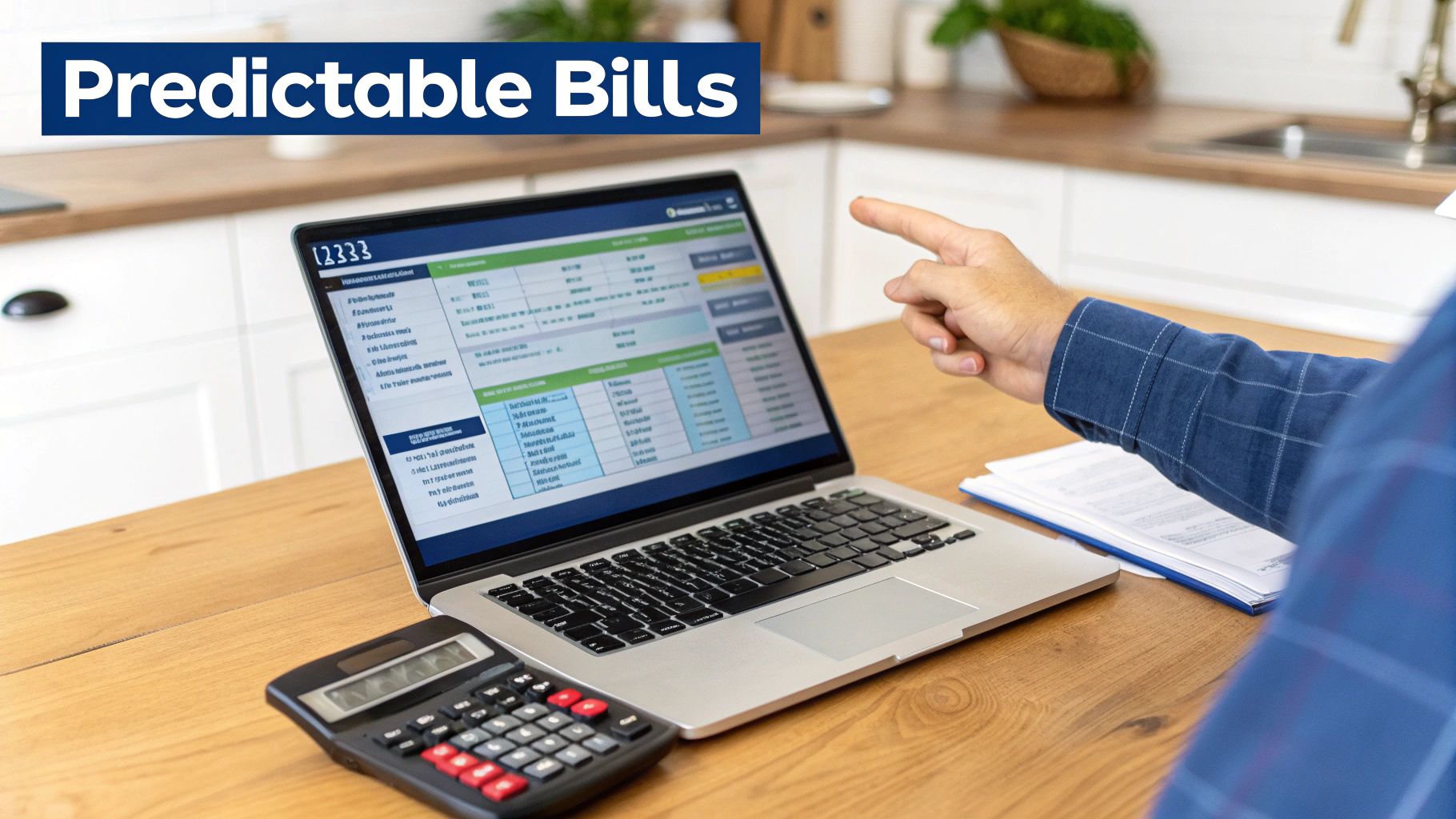 Person pointing at laptop screen showing spreadsheet for budgeting and bill management with calculator nearby