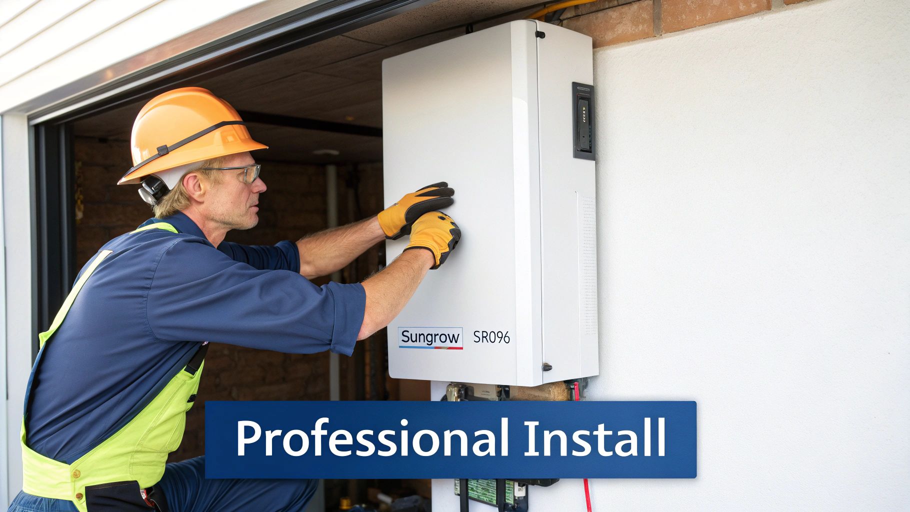 A clean and professional installation of a Sungrow SBR096 battery in a home garage.