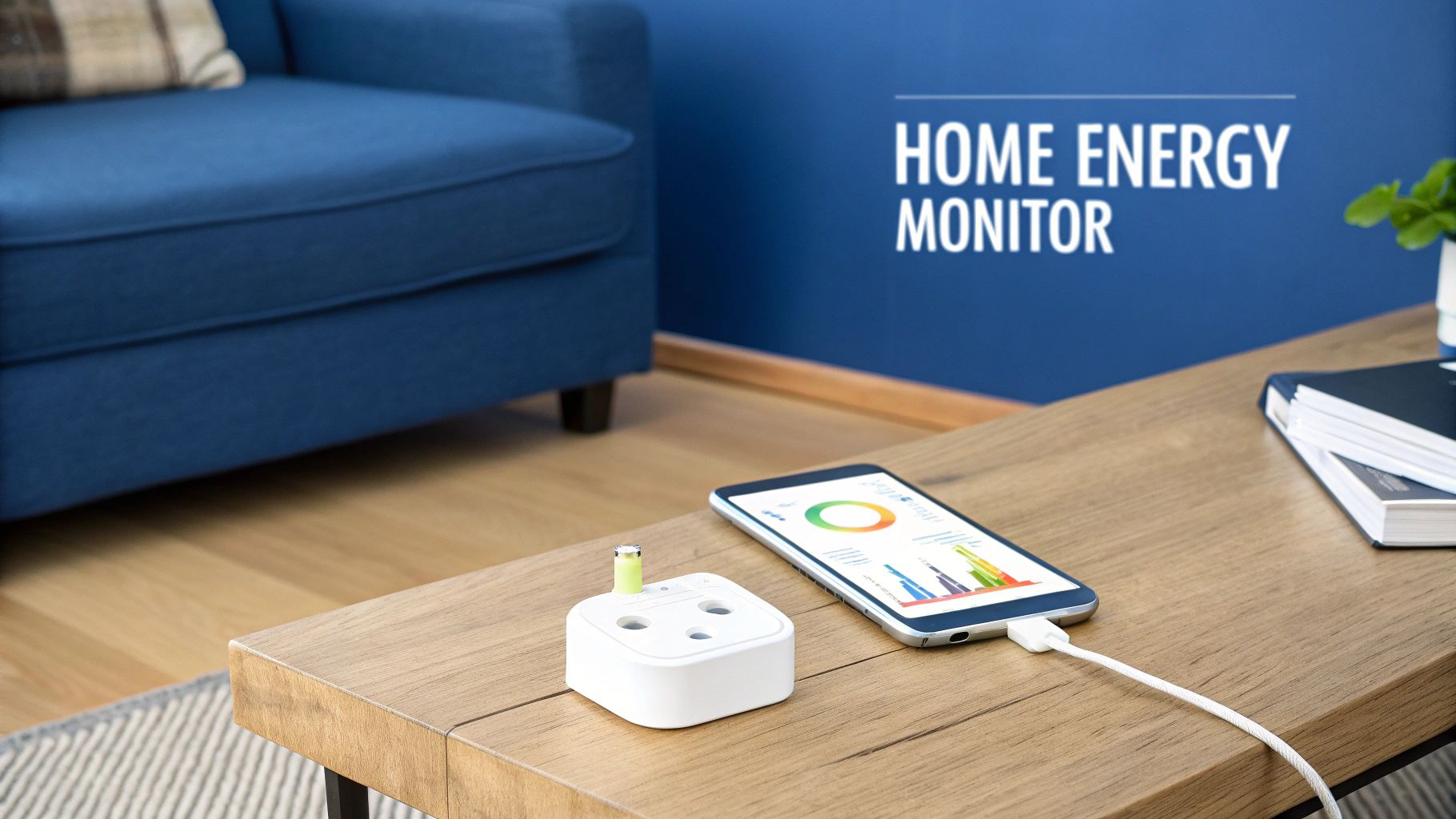 A smartphone displays energy usage graphs next to a smart plug on a wooden coffee table.