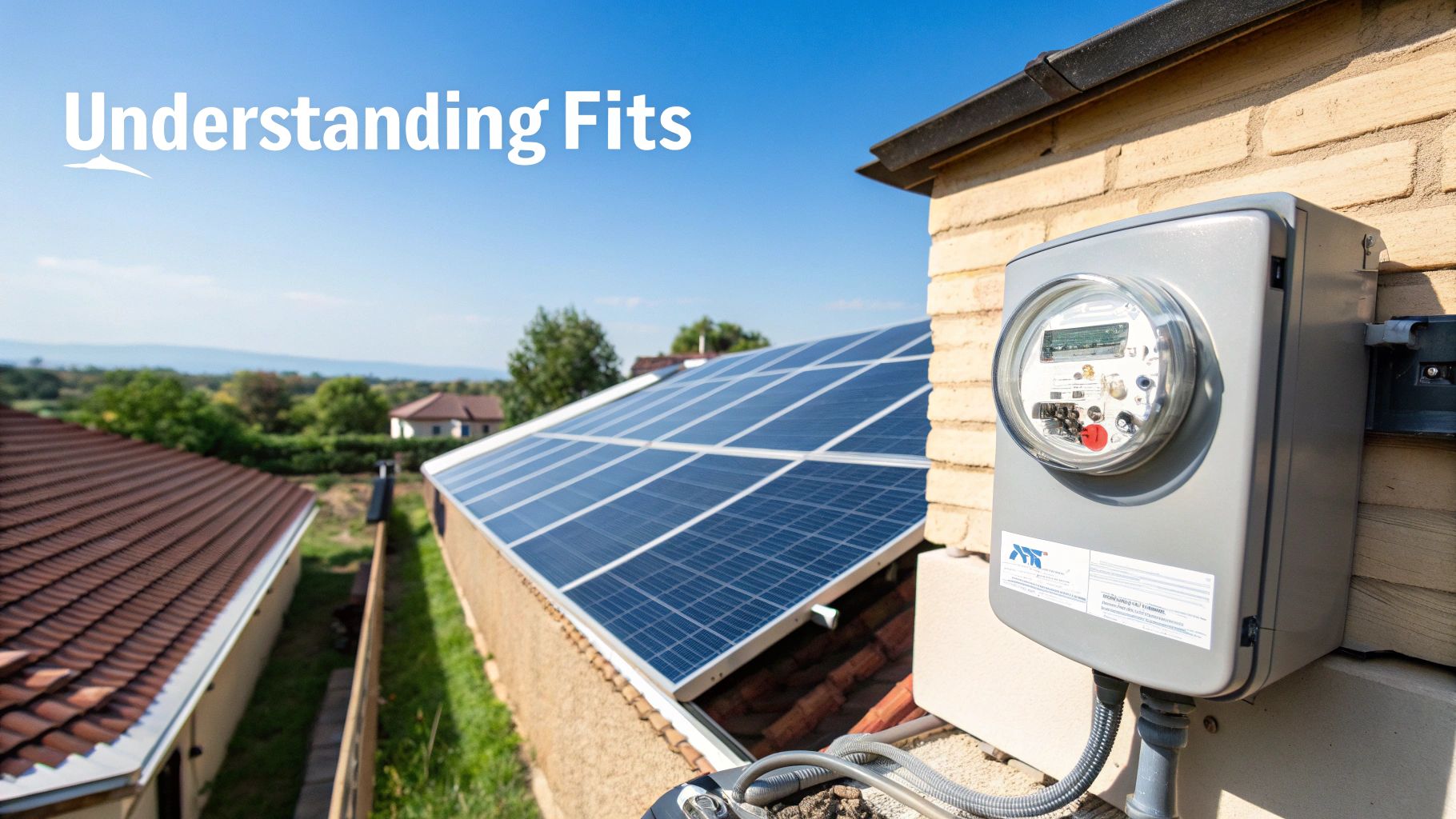 Woman reviewing electricity bill with solar panels visible in the background