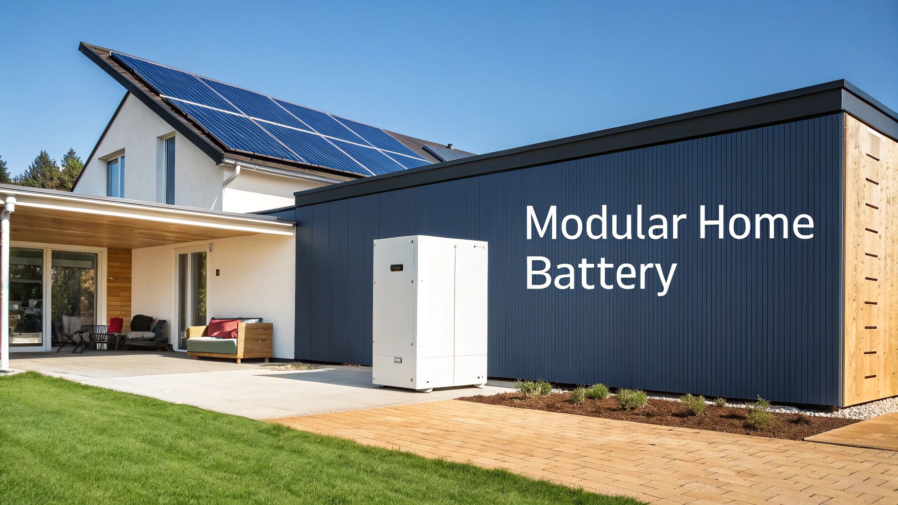 A modern home with solar panels and a visible Sungrow battery installed on the side.