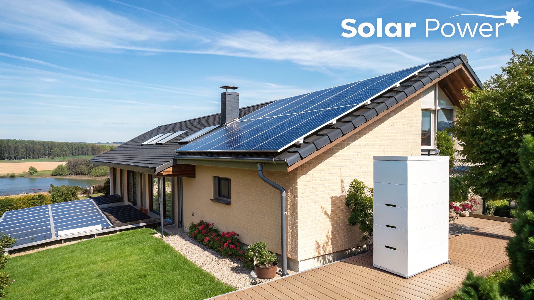 A modern home with solar panels on a sunny day