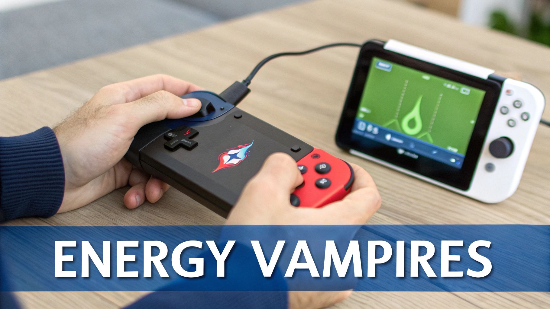 Hands operating a black energy monitor connected to a white portable screen displaying data, on a wooden table.