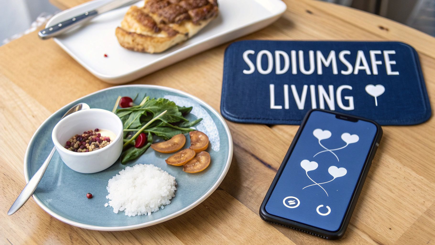 Sodium safe living concept with healthy food plate, salt pile, and mobile health tracking app