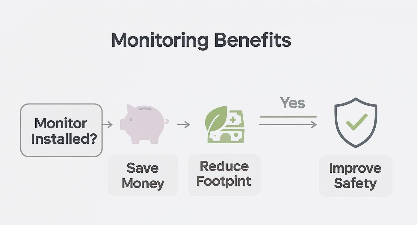 Flowchart illustrating monitoring benefits: save money, reduce footprint, and improve safety with a monitor installed.