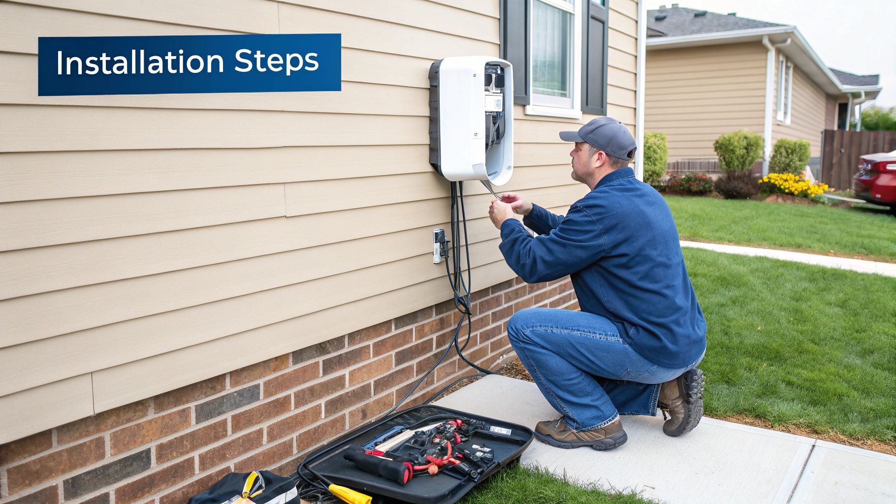 A qualified electrician installing a solar electric car charger on the exterior wall of a modern Australian home.