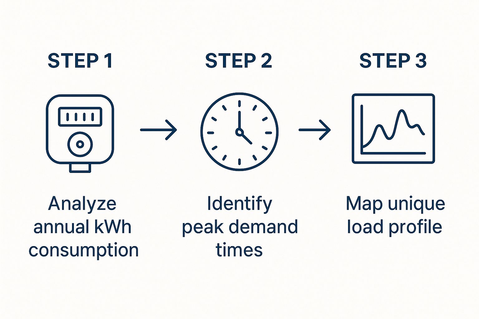 Infographic showing a three-step process: analyzing kWh consumption, identifying peak demand times, and mapping the business's load profile.