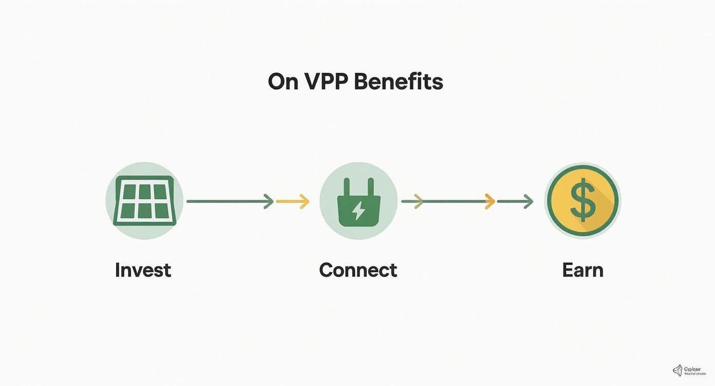 Flowchart illustrating Virtual Power Plant benefits: invest in solar, connect to the grid, and earn money.