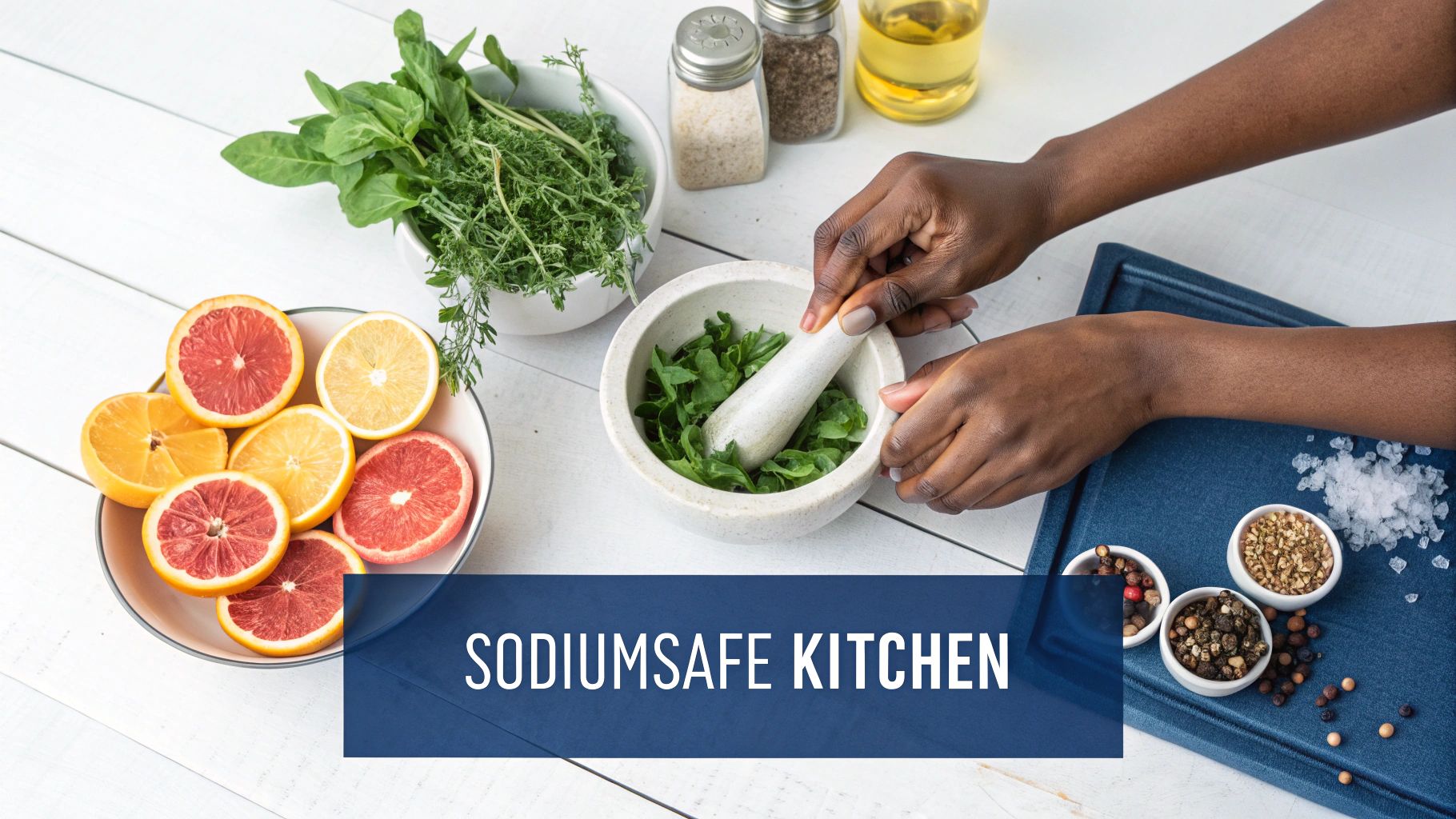 Hands grinding fresh herbs in mortar and pestle with citrus fruits and peppercorns on white table