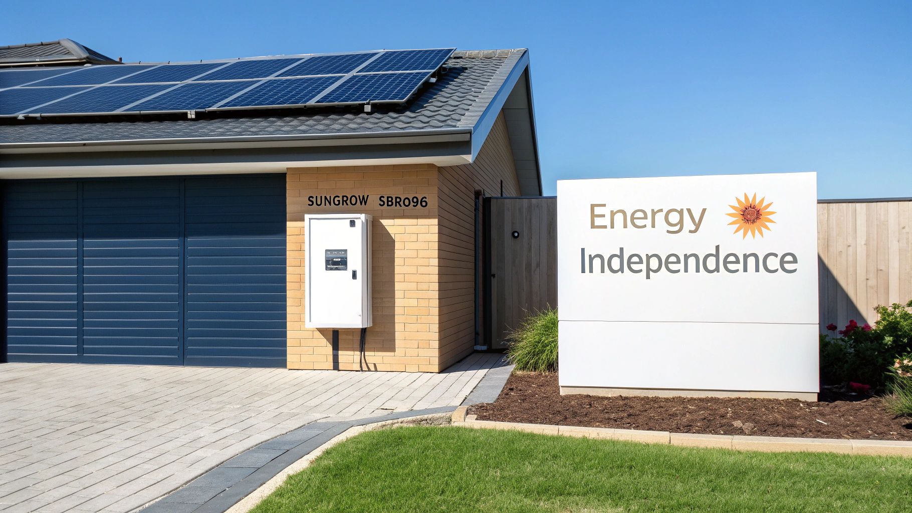A modern Australian home with solar panels and a visible Sungrow SBR096 battery system installed on the side.