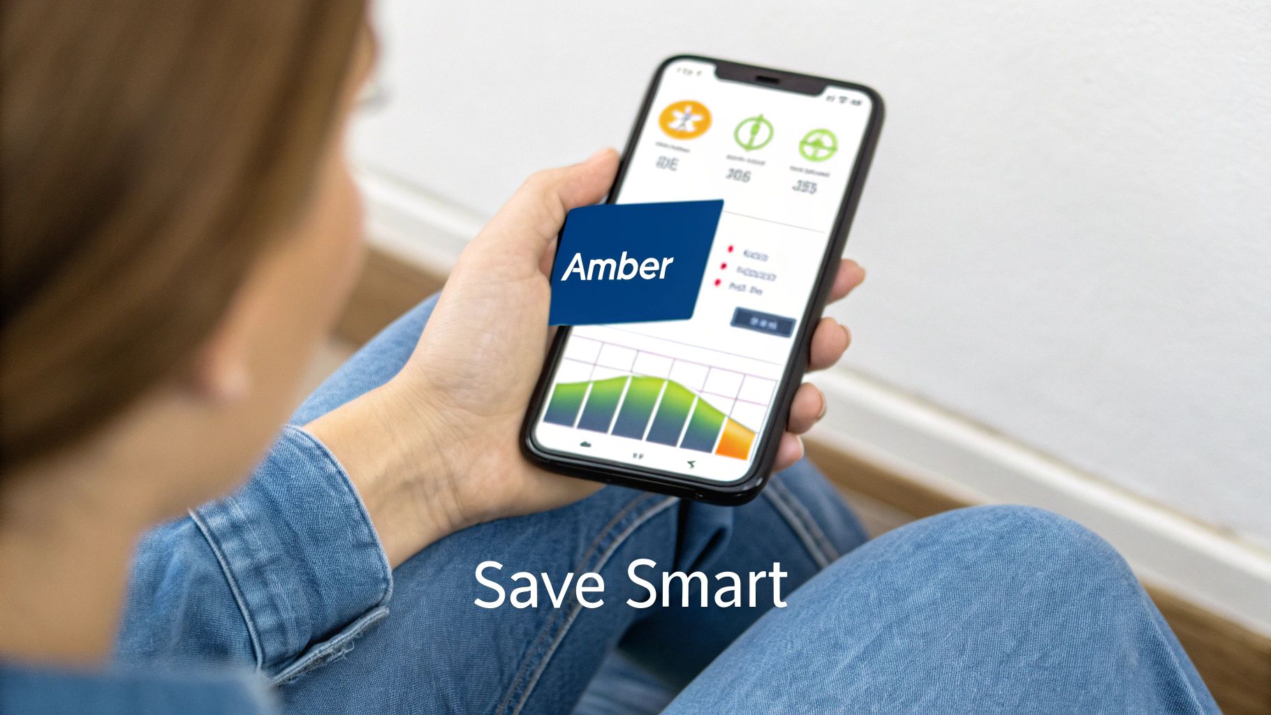 A smartphone displaying an energy usage app sits on a kitchen counter with a dishwasher in a background.