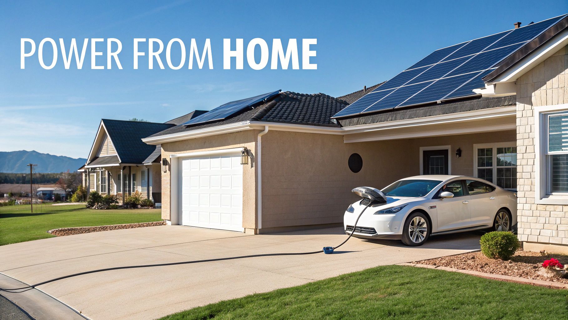 A futuristic home with solar panels and an electric vehicle charging, illustrating the integration of VPP technology.