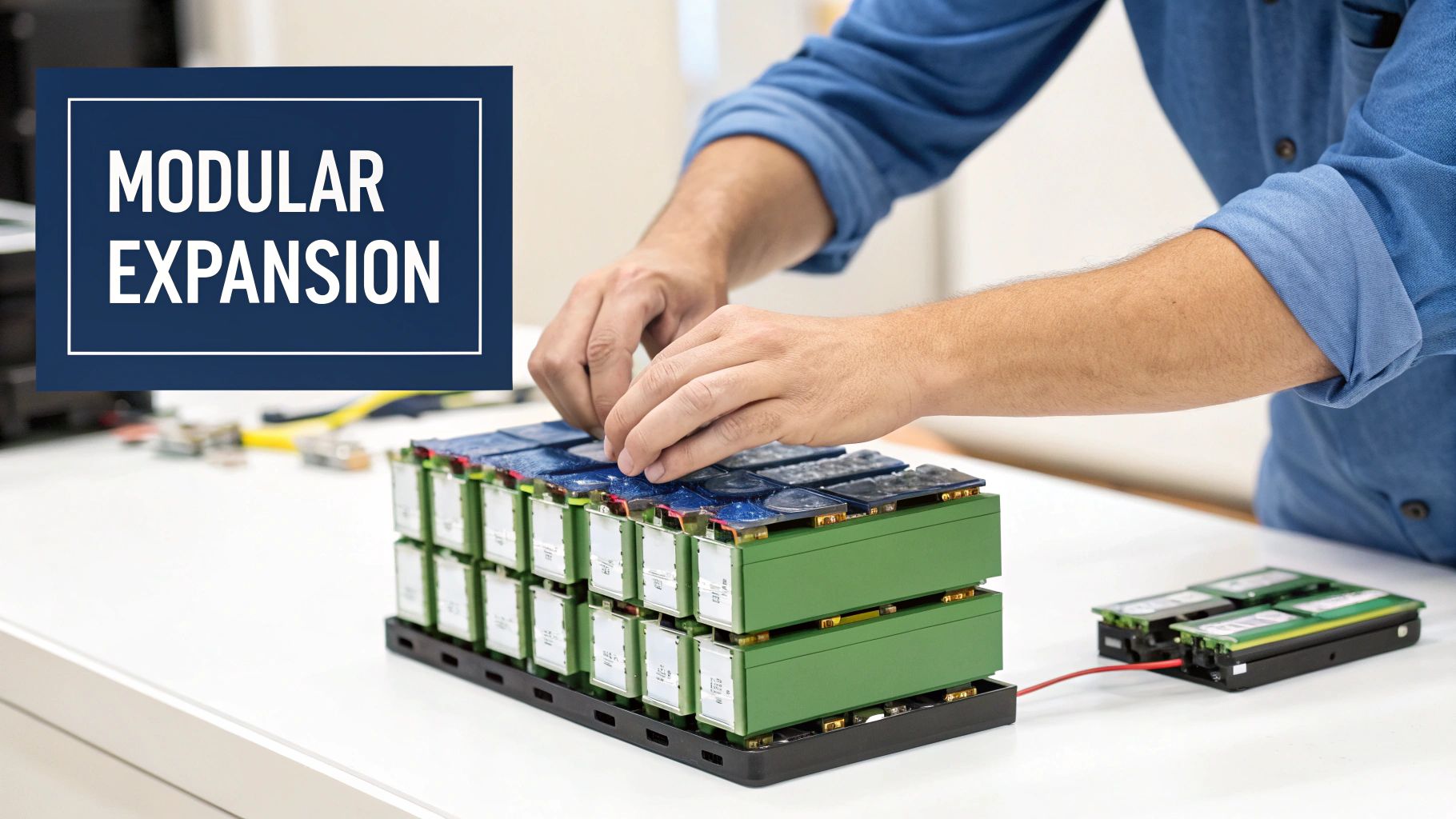 A close-up of the Sungrow SBH400 battery unit, showing its clean design and modular sections.
