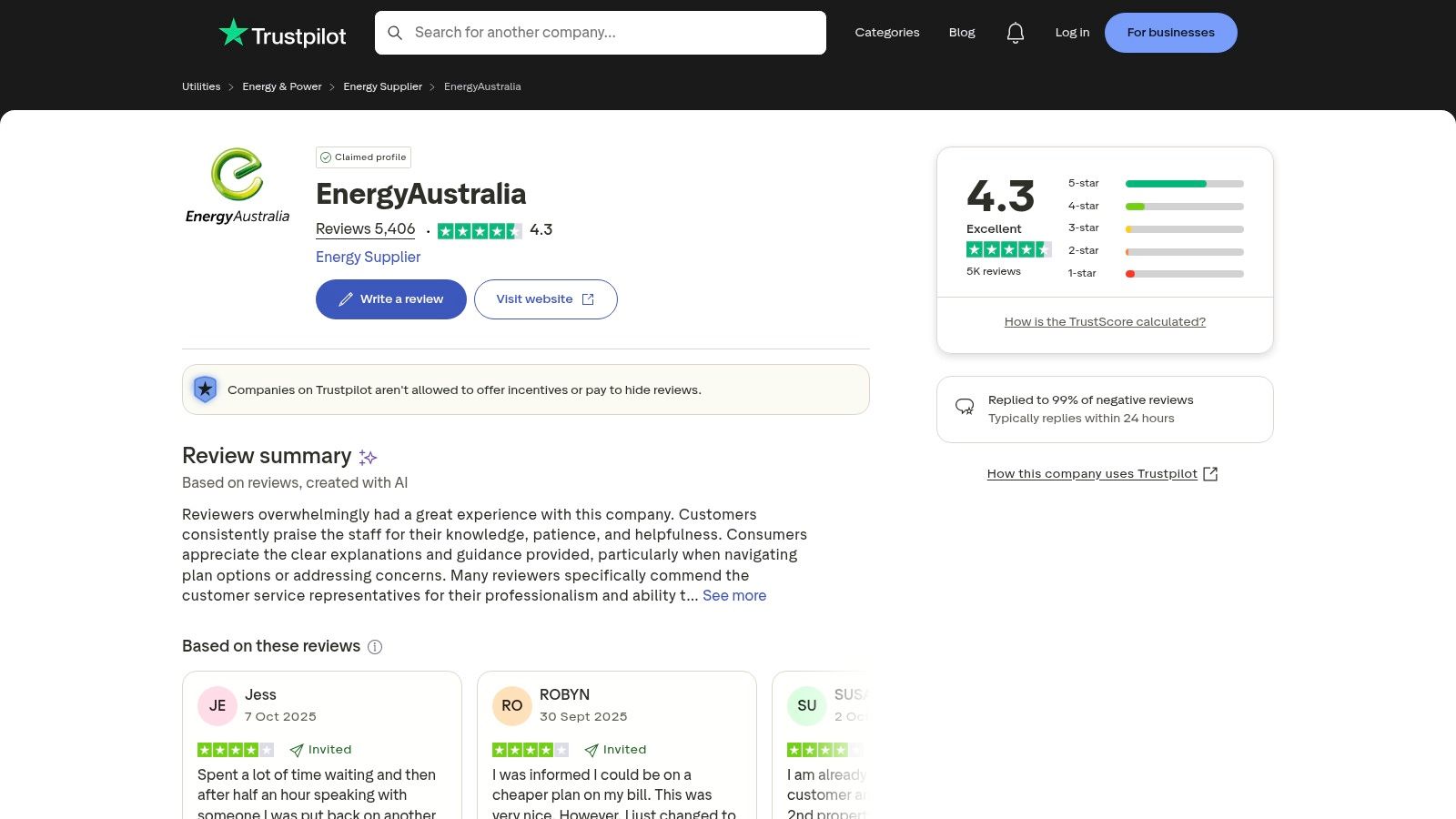 Trustpilot – EnergyAustralia customer feedback