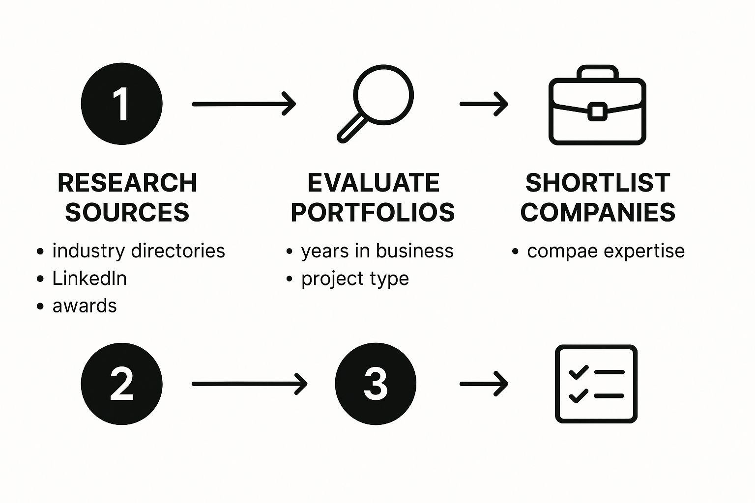 An infographic showing the process flow for finding and vetting an interior fitout company in the UAE, starting with research, then portfolio evaluation, and finally shortlisting.