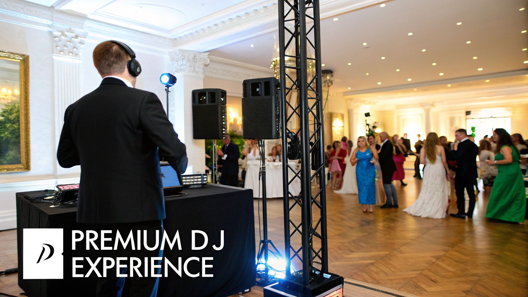 A DJ wearing headphones, standing at a professional setup with speakers, entertaining guests at a formal event.