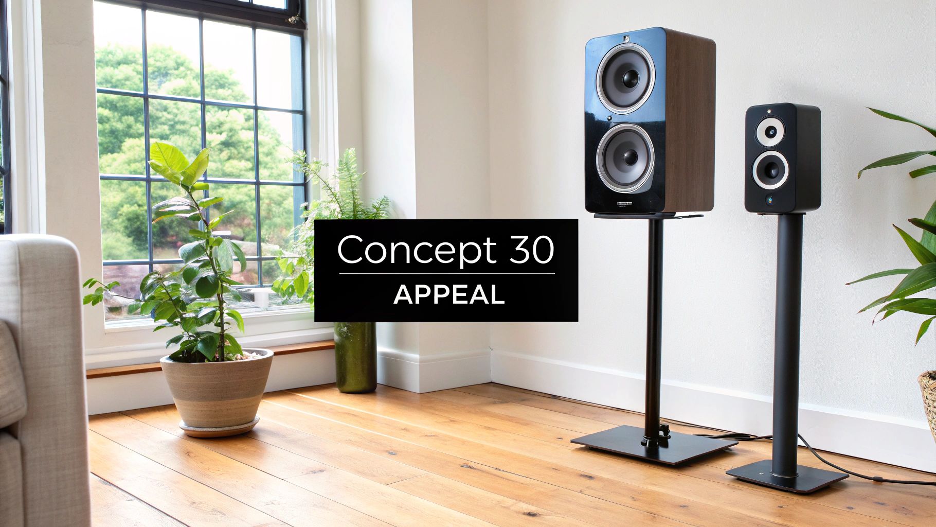Two Q Acoustics Concept 30 bookshelf speakers on stands in a bright room with plants and a window.