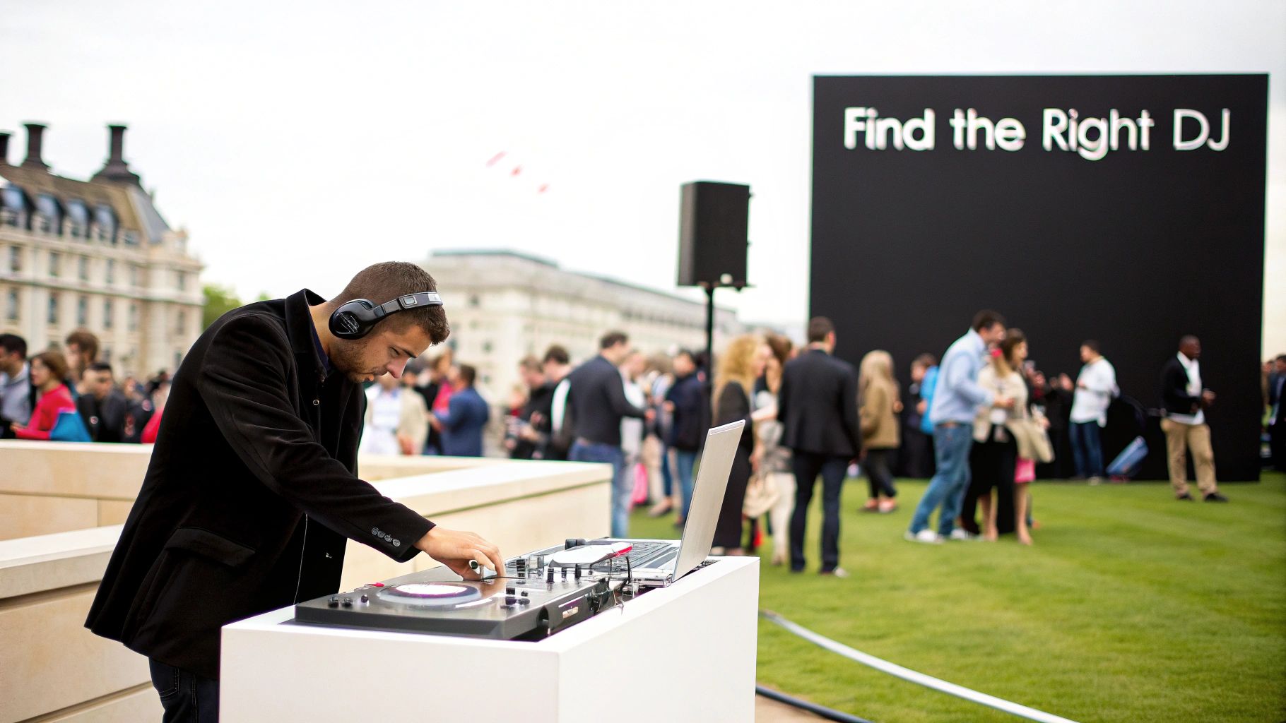A DJ with headphones mixes music on turntables and a laptop at an outdoor event.