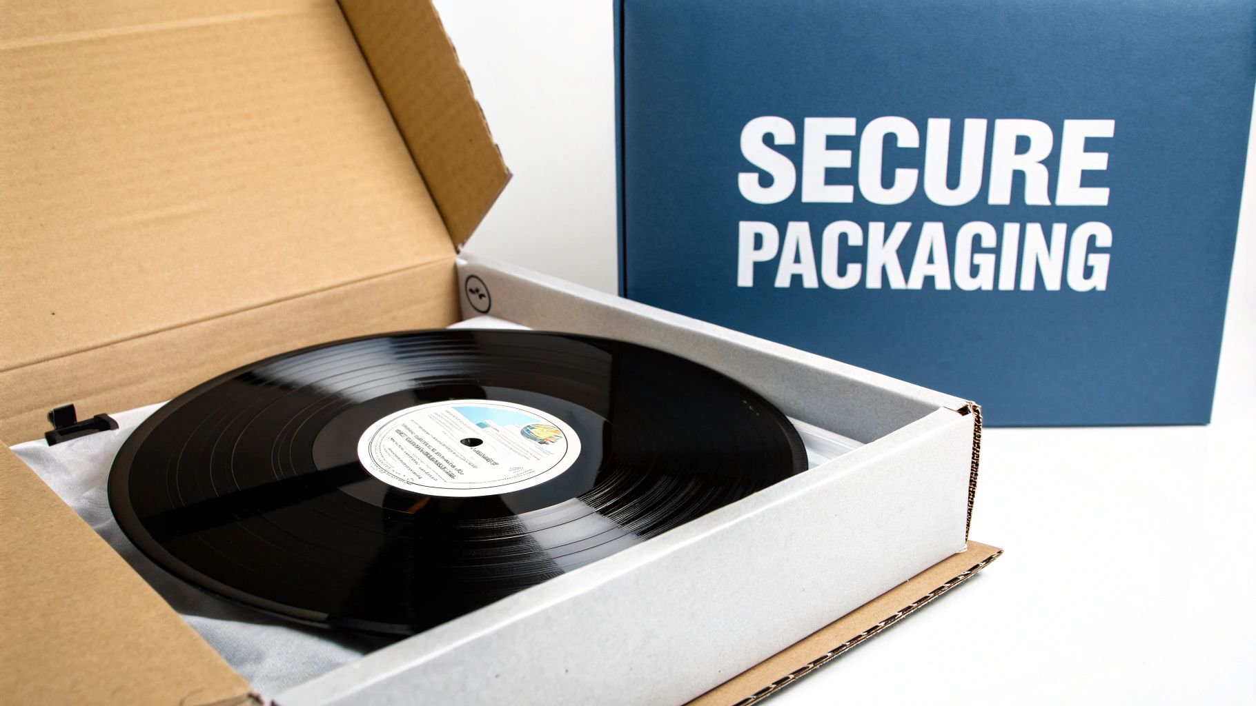 An open cardboard box revealing a black vinyl record, with a blue box labeled 'SECURE PACKAGING' in the background.