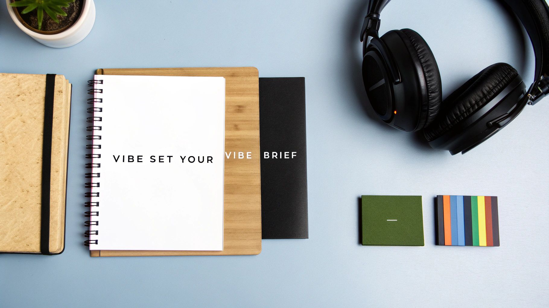 Flat lay workspace with notebooks, headphones, a plant, and colorful items, featuring 'VIBE SET YOUR VIBE BRIEF'.