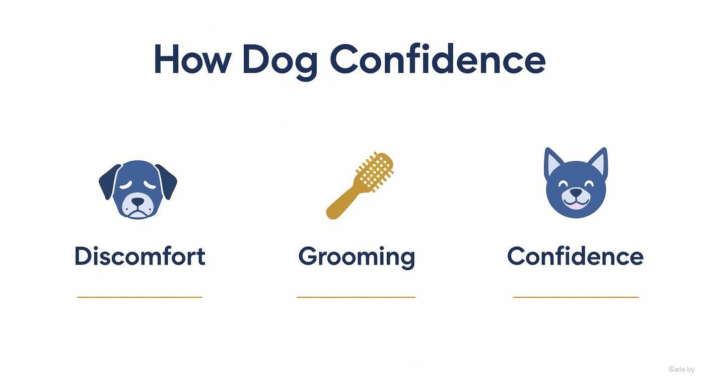 Infographic showing dog confidence journey from discomfort through grooming to happy confident dog