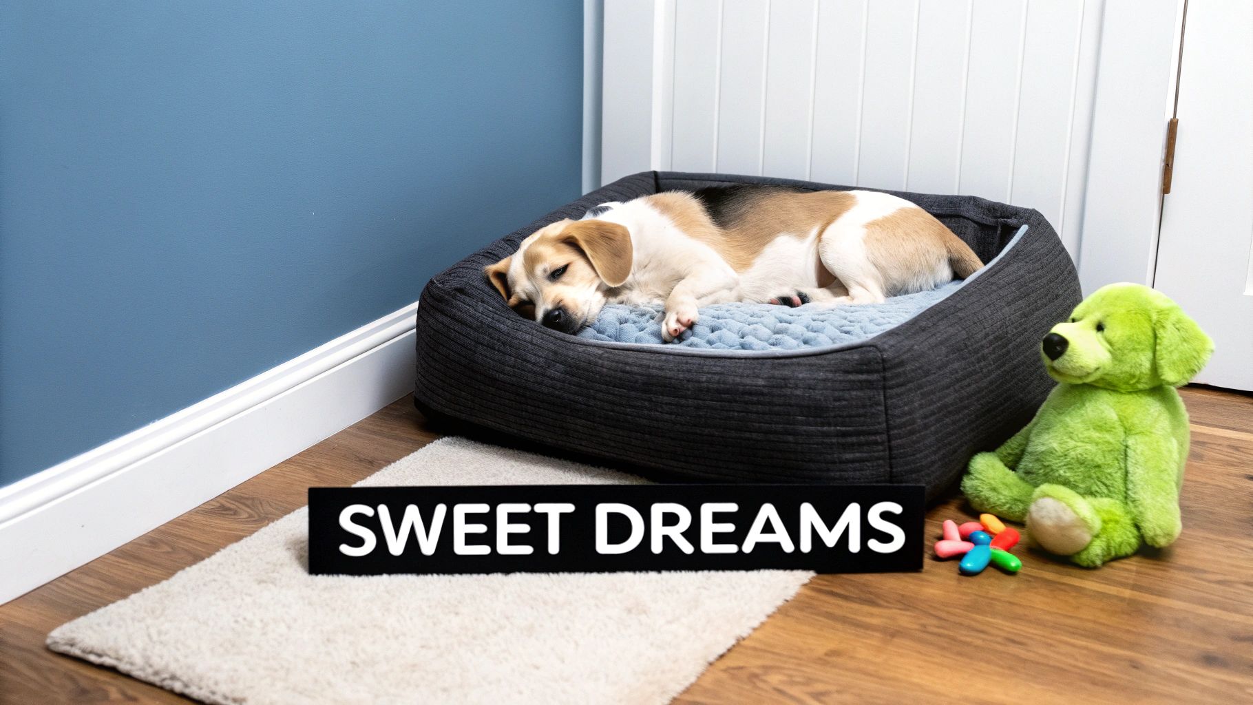 A dog sleeping comfortably in its cosy bed.