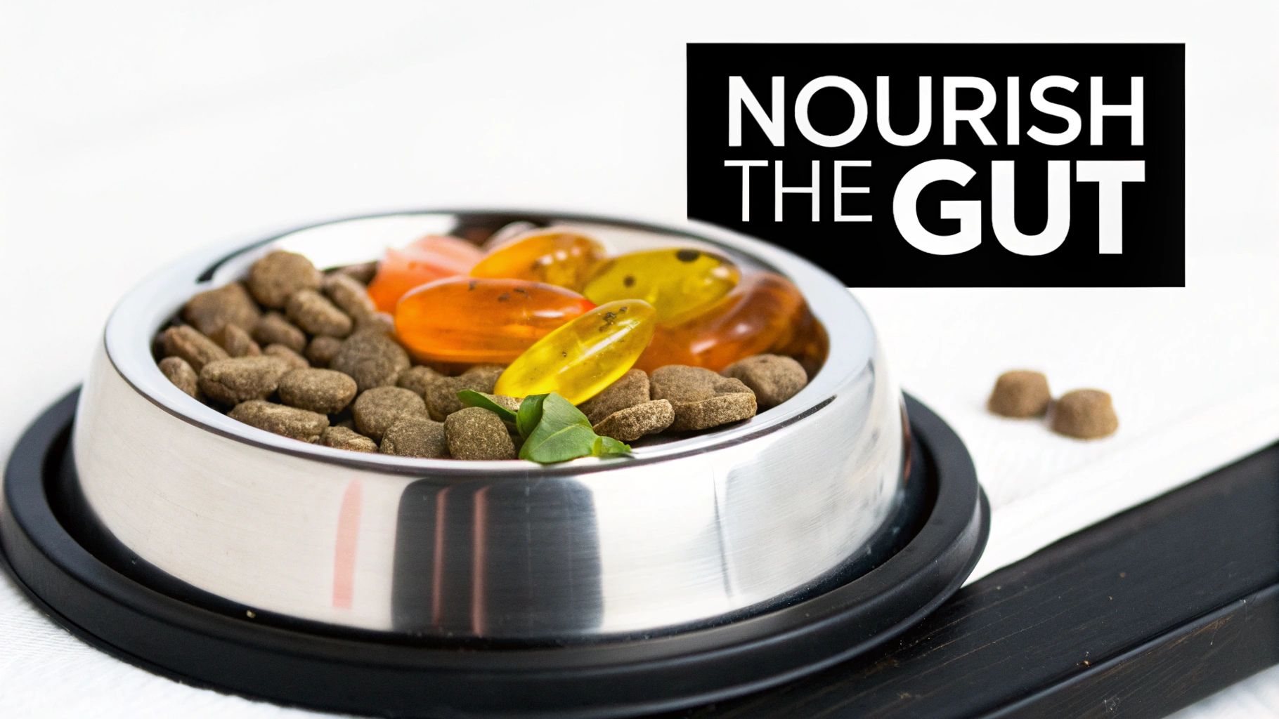 A bowl of nutritious dog food with fresh ingredients like fish and vegetables.