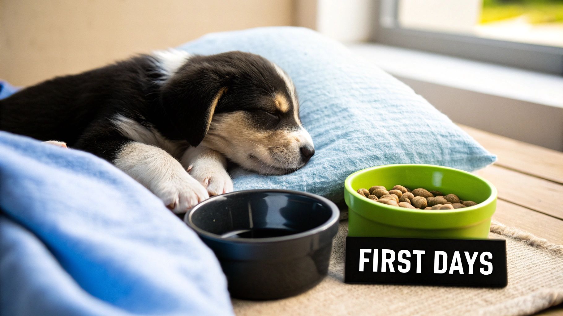 A person gently petting a small, sleepy puppy lying on a soft blanket inside a home.
