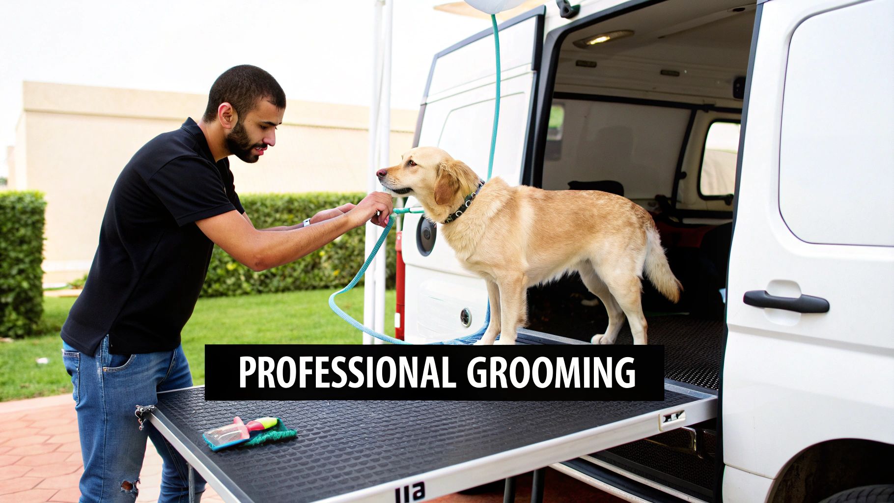 Professional mobile dog grooming service with groomer petting golden retriever at van in Dubai