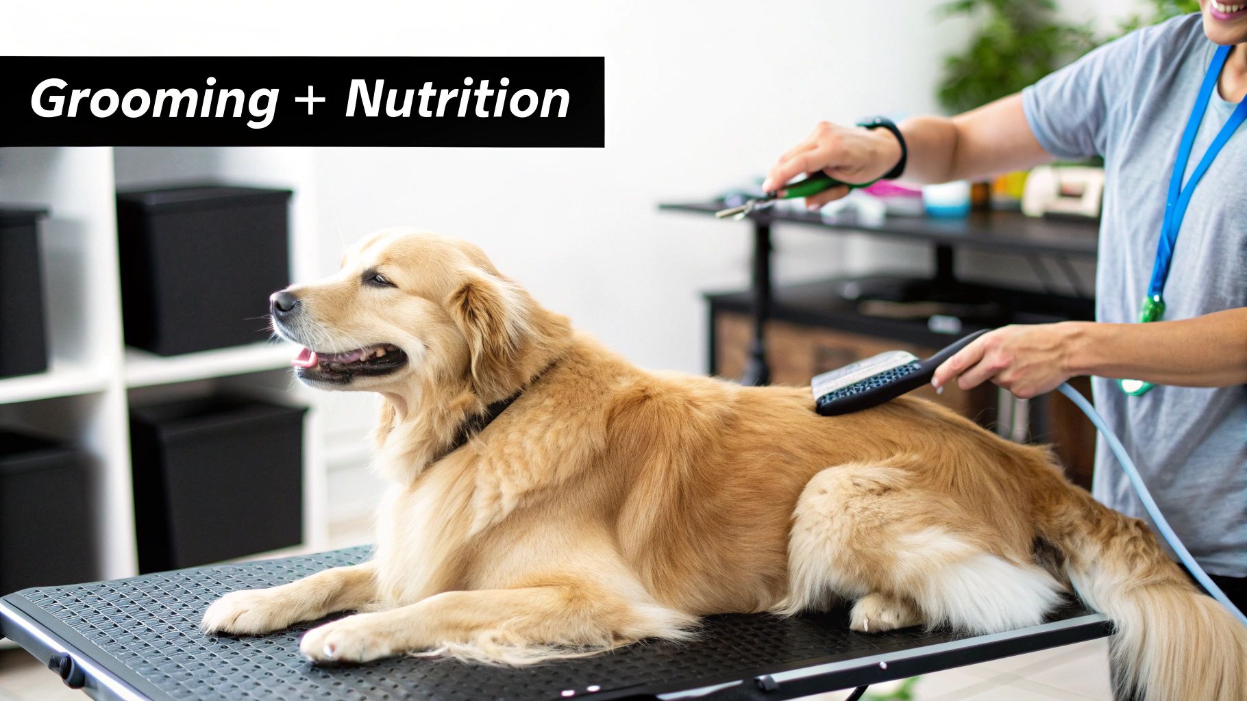 A professionally groomed white dog looking happy and healthy.
