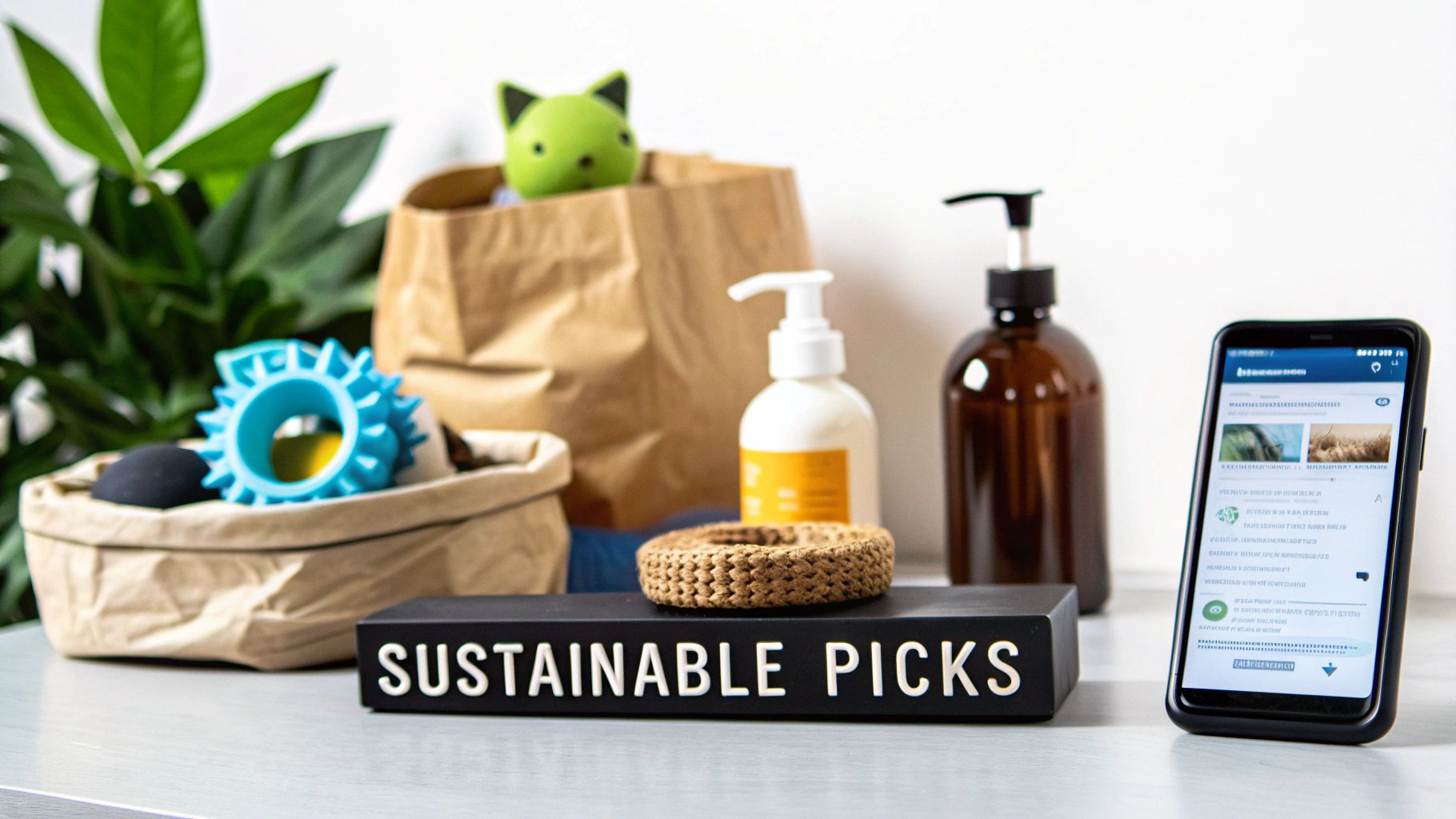 A display of sustainable products, including pet toys, lotion bottles, and a smartphone, with 'SUSTAINABLE PICKS' sign.