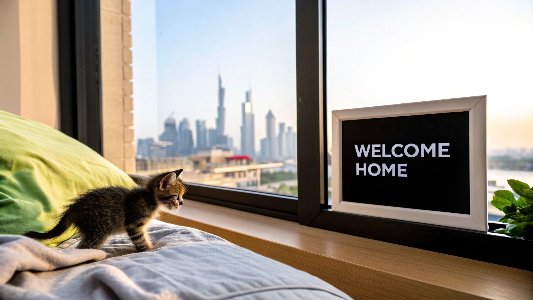 A small, fluffy kitten looking up curiously from a cosy blanket.