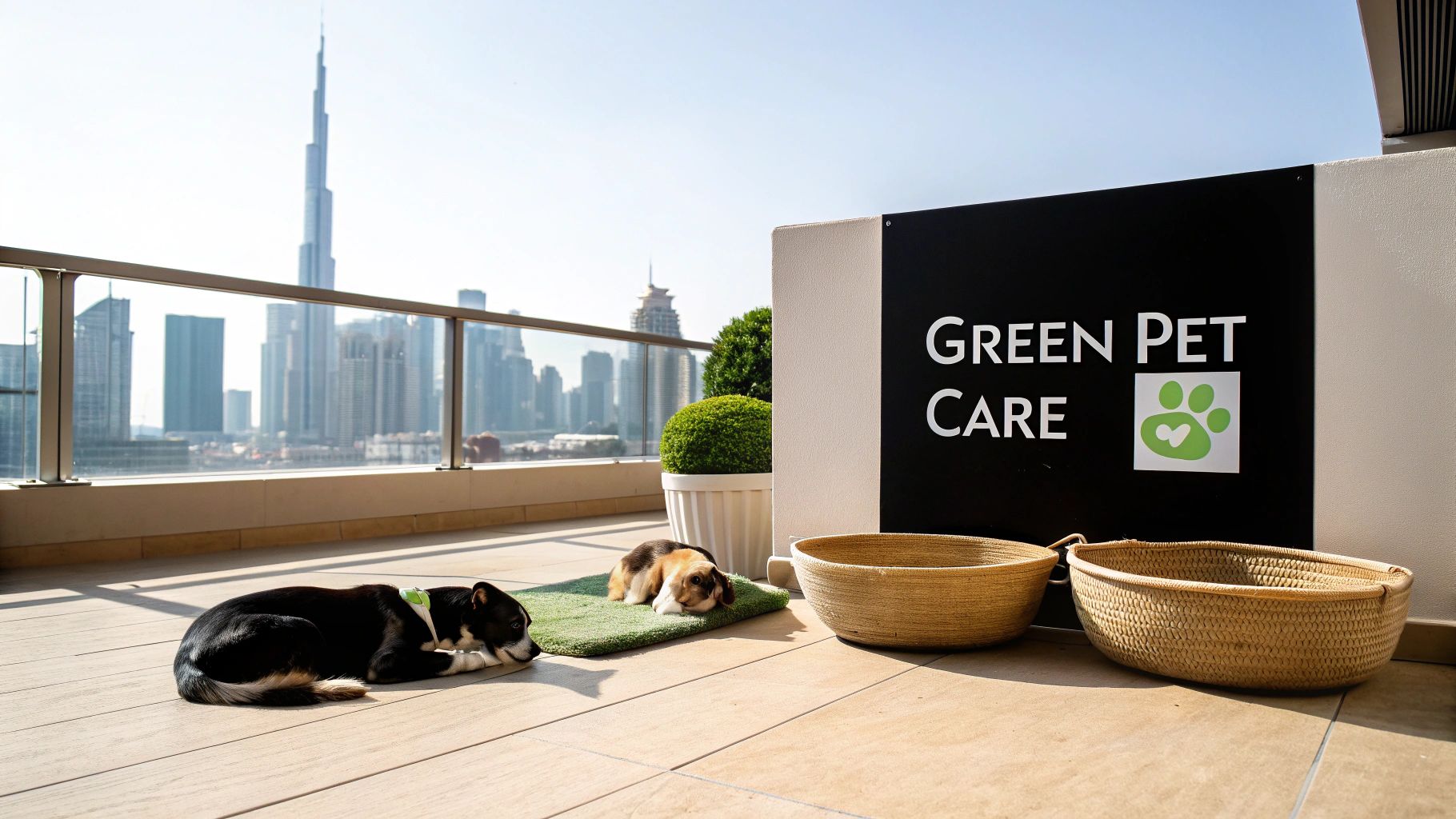 Two dogs relax on a sunny balcony with a city view, next to a 'GREEN PET CARE' sign.