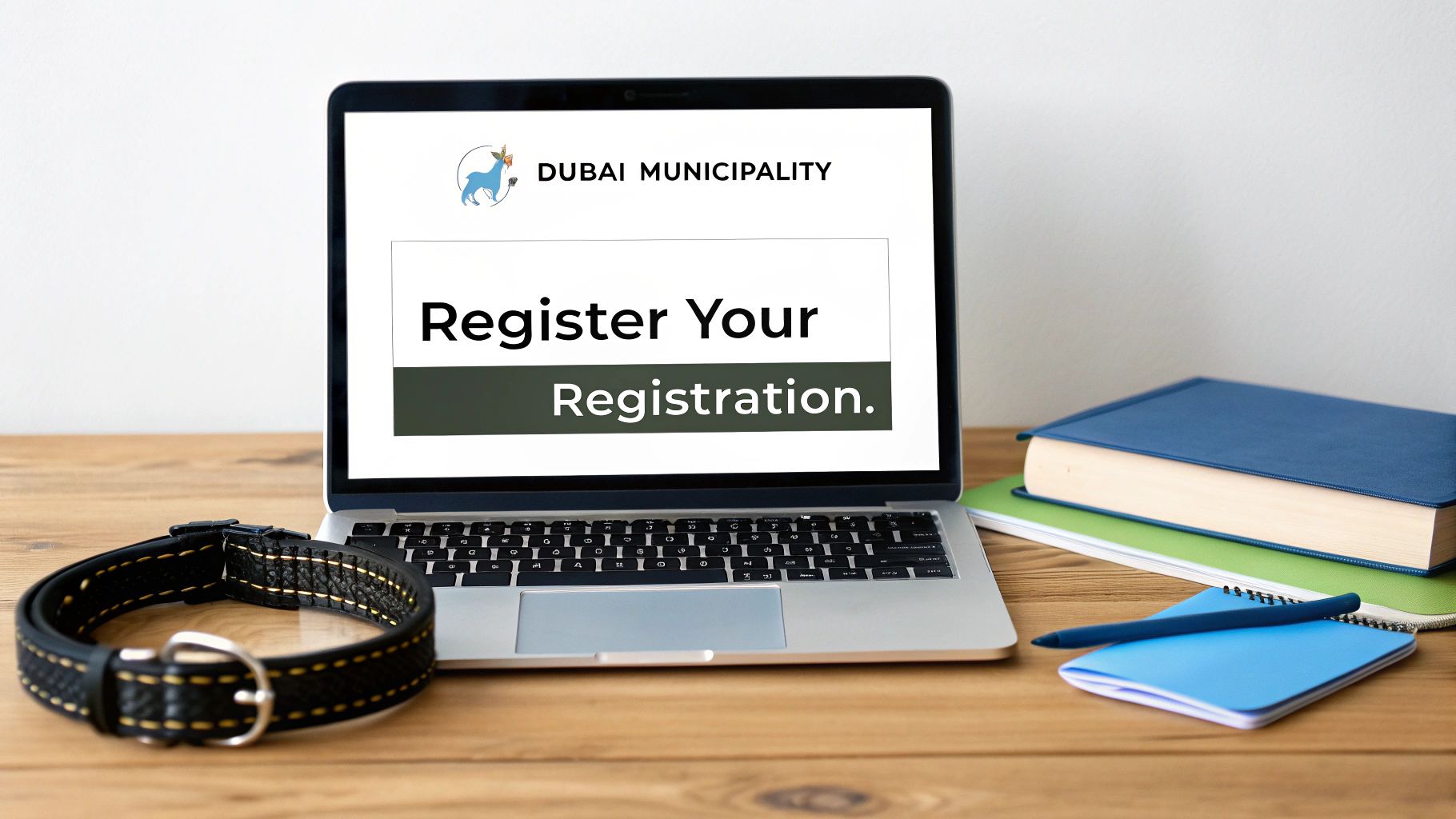 A close-up of a Dubai Municipality pet registration tag on a dog's collar.