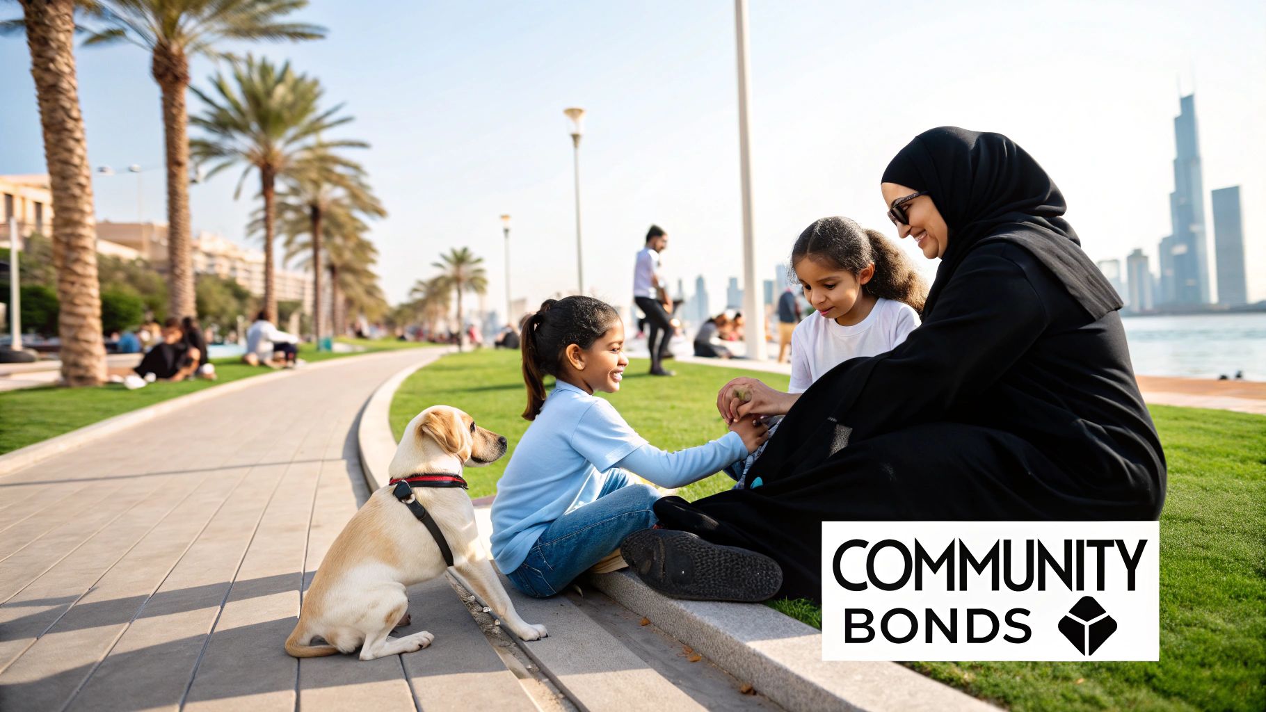 A family playing with their pet dog in a park