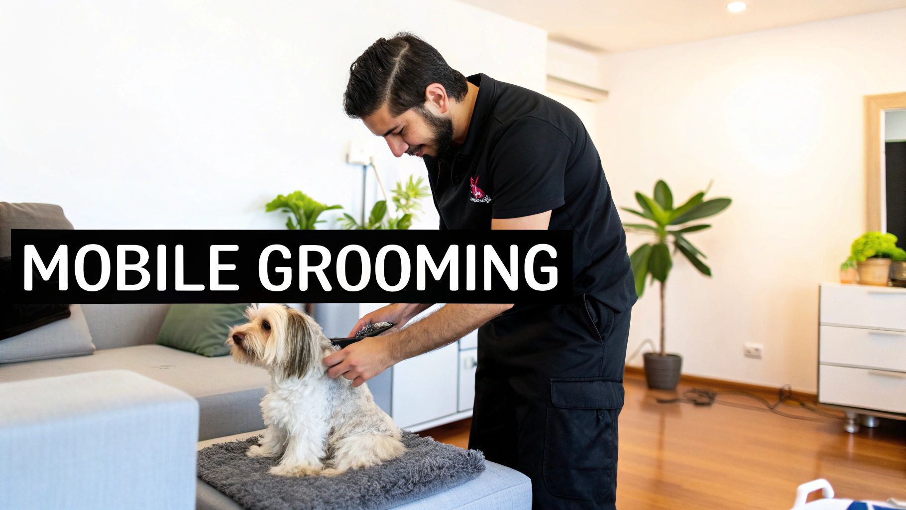 A male pet groomer uses clippers on a small white dog in a client's home.