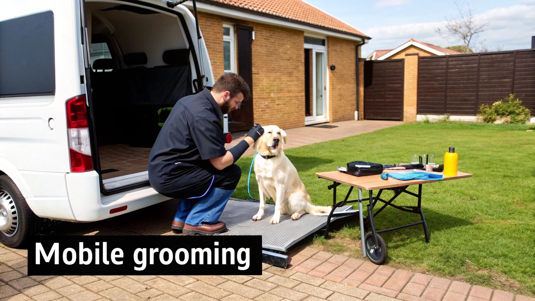 Professional mobile dog grooming service with groomer petting golden Labrador retriever at home