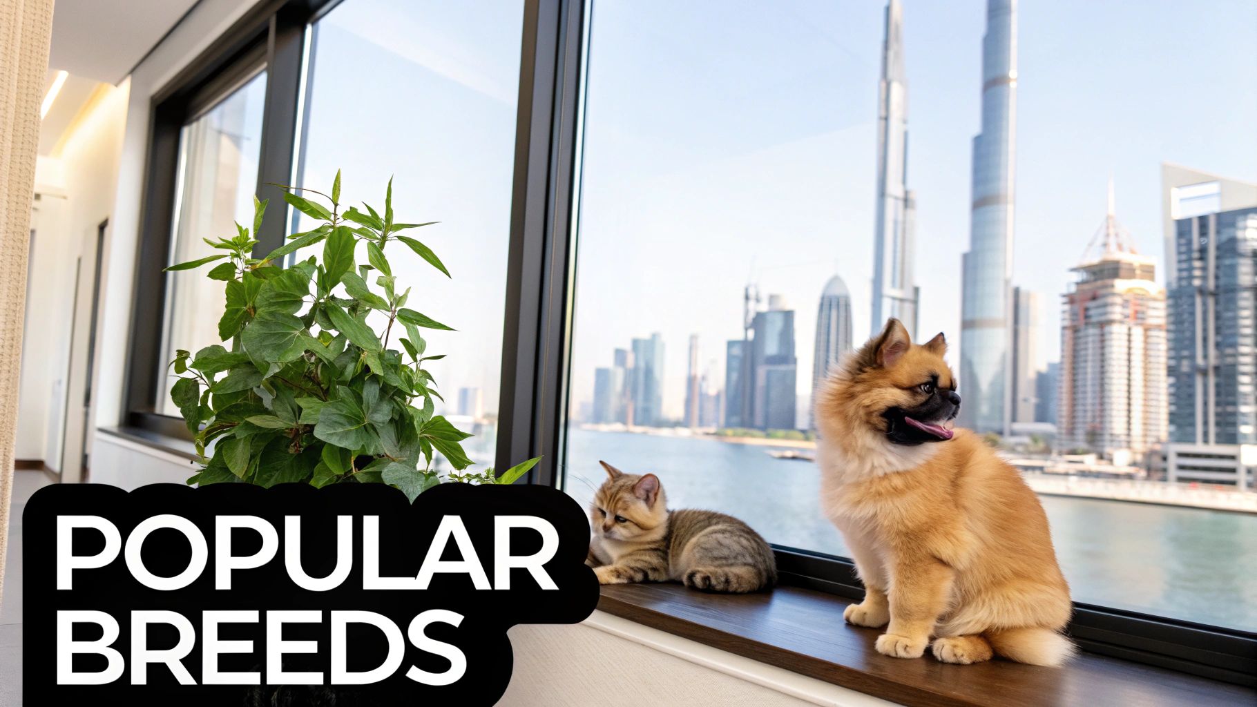 A small fluffy dog and a tabby kitten sit on a window sill overlooking Dubai's city skyline.